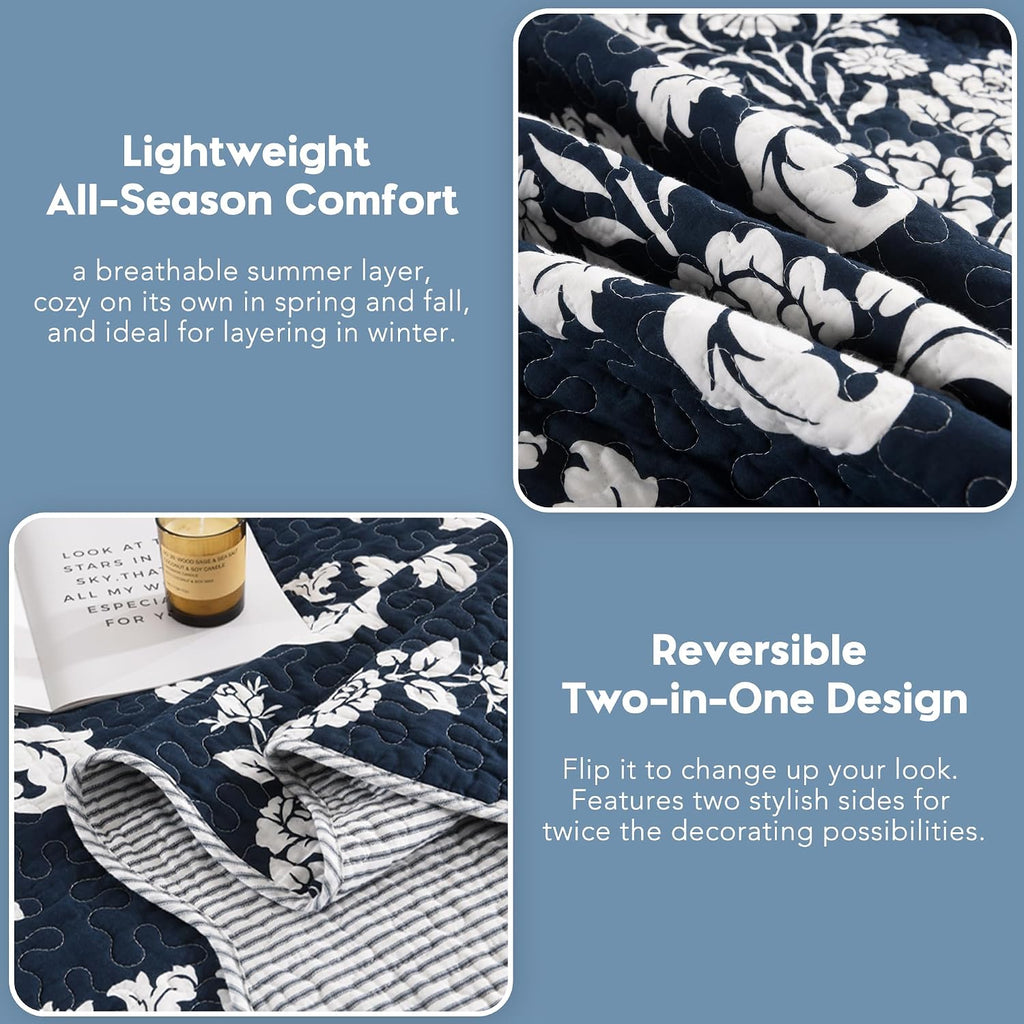 King Size Quilt Set, 100% Cotton Navy Blue Quilted Bedspread Set, Navy Blue White Floral Pattern Farmhouse Reversible Quilt Bedding Set for All Season, 3-Piece Quilt Set