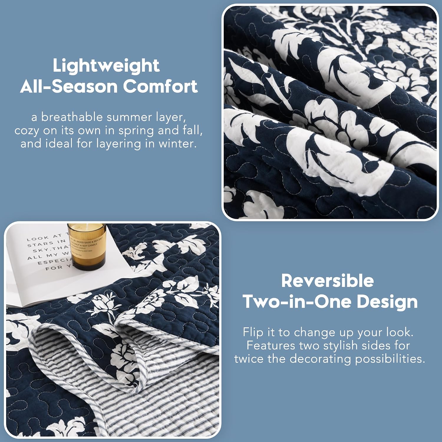 King Size Quilt Set, 100% Cotton Navy Blue Quilted Bedspread Set, Navy Blue White Floral Pattern Farmhouse Reversible Quilt Bedding Set for All Season, 3-Piece Quilt Set