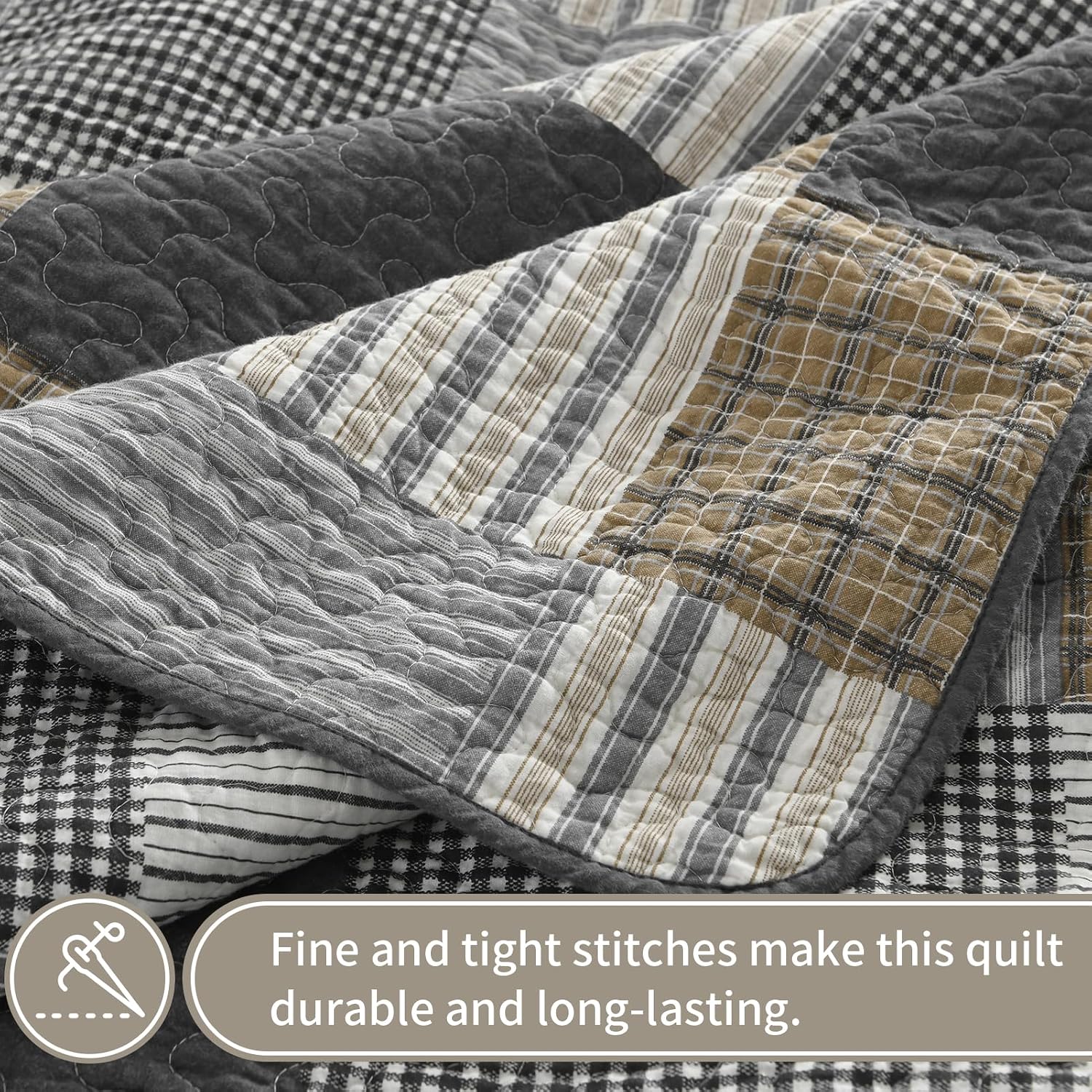 KALOOLA Plaid Quilt King Size, 100% Cotton Soft Lightweight Quilted Bedding Set for King Bed, Farmhouse Reversible Bedspread Coverlet with 2 Pillowshams for All Season, 3 Pcs, Grey/White/Black