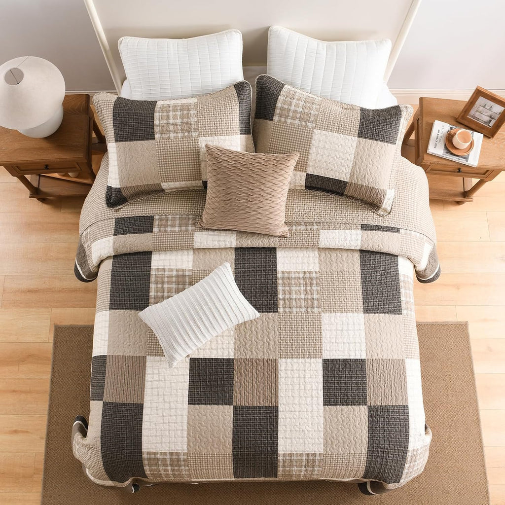 Plaid Bedspread 120'x120' Oversized King Bedspread, 100% Cotton California King Quilt with 2 Pillow Shams, Lightweight Farmhouse Quilted Bedspreads Coverlet Set, Brown/Beige/Cream, 3 Pcs