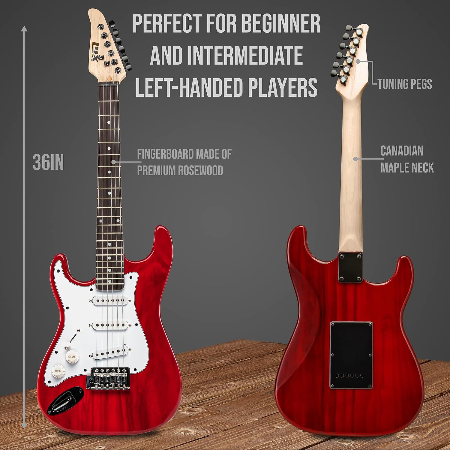 LyxPro Left Hand 36 Inch Electric Guitar and Kit for Lefty Kids with 3/4 Size Beginner's Guitar, Amp, Six Strings, Two Picks, Shoulder Strap, Digital Clip On Tuner, Cable and Soft Case Gig Bag - Red