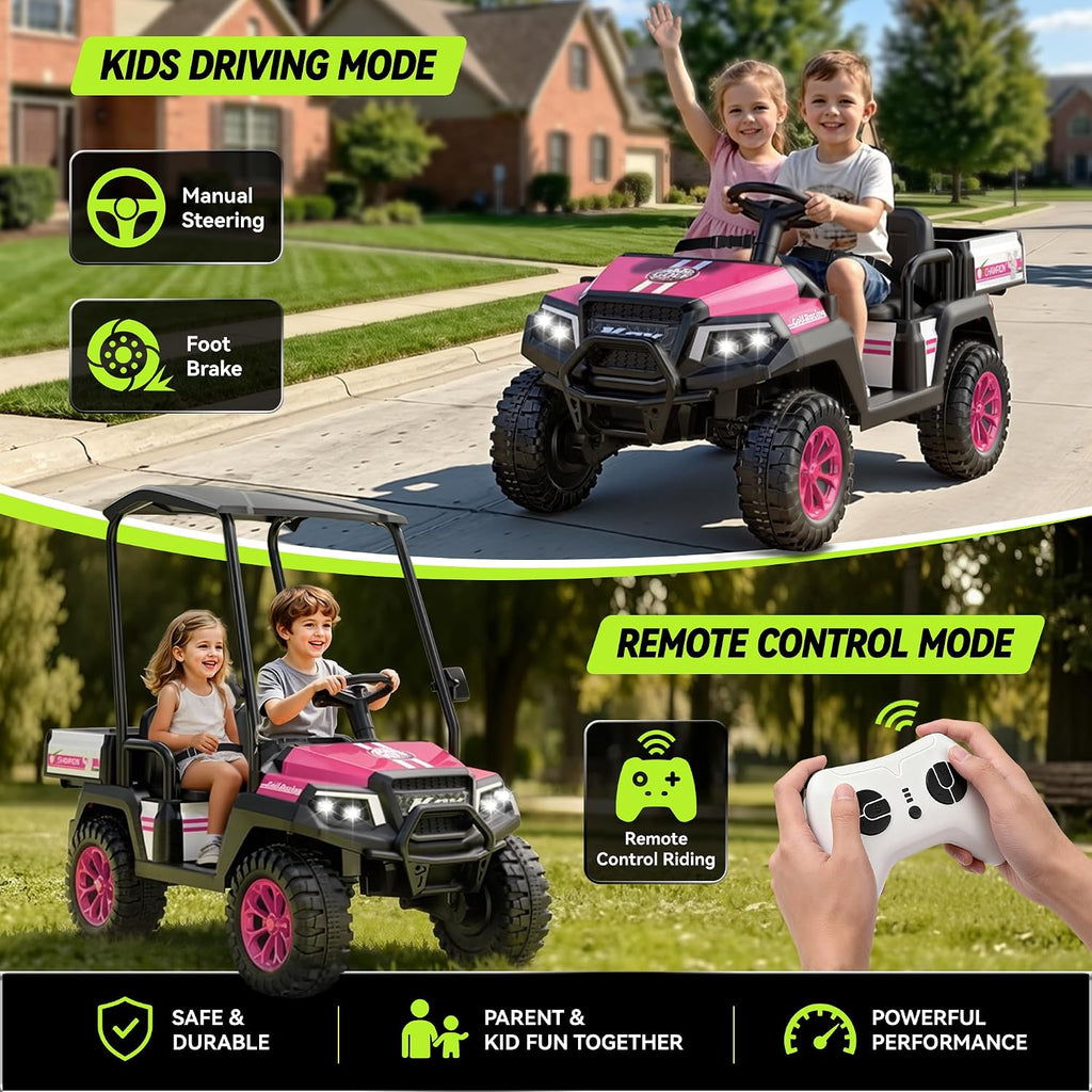24V Kids Golf Cart w/Detachable Awning–4WD 2 Seater Ride on Car w/Large Storage Trunk, Remote Control, 3 Speeds, Music Player, LED Lights, Ride On Toys, Gift for Kids Ages 3-8(Pink)