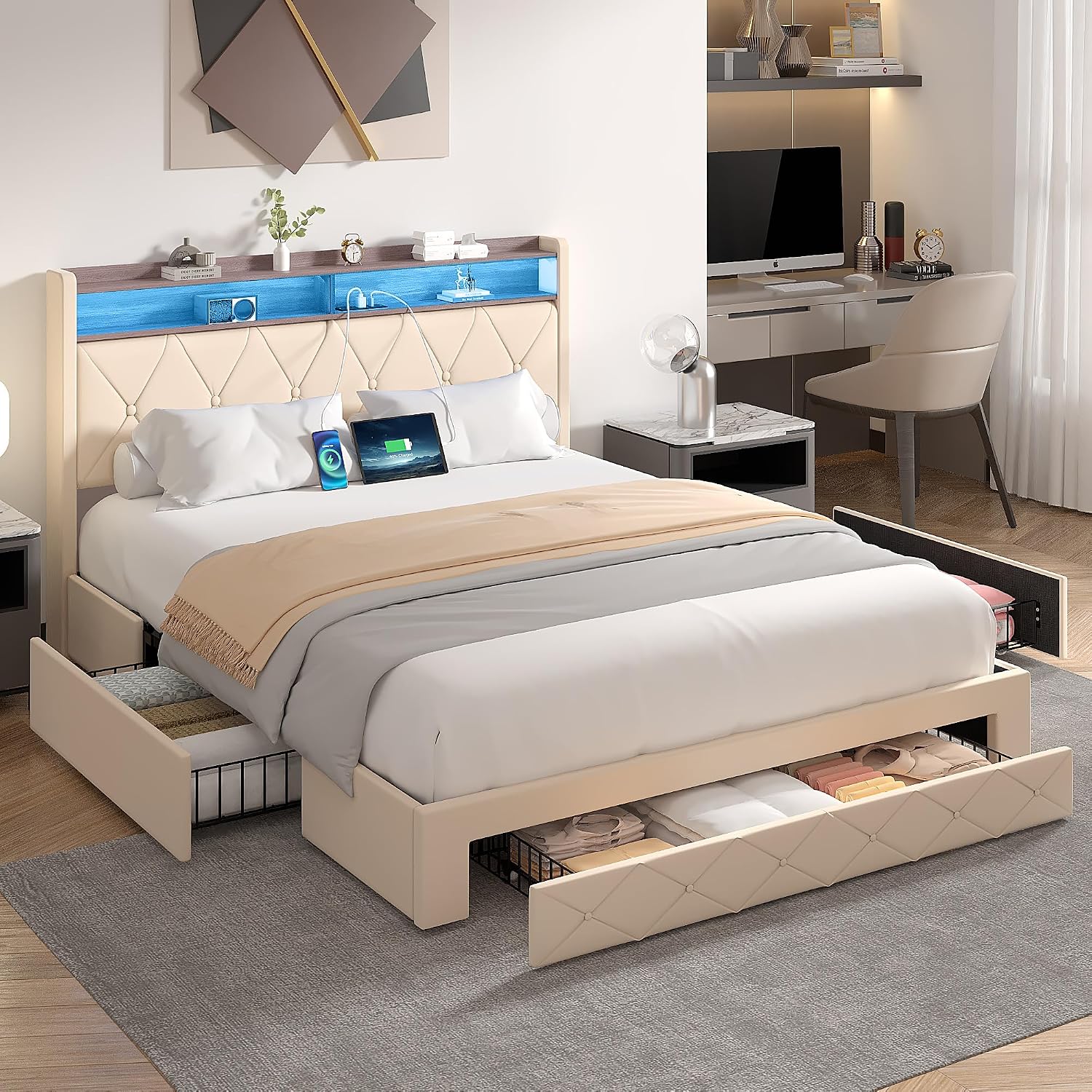 VECELO Velvet Full Size Upholstered Bed Frame with Headboard, Sturdy Platform Full Bed Frame with 3 Capacious Drawers, LED Light, Charging Station, USB Ports, Quiet, Easy Assembly, Beige
