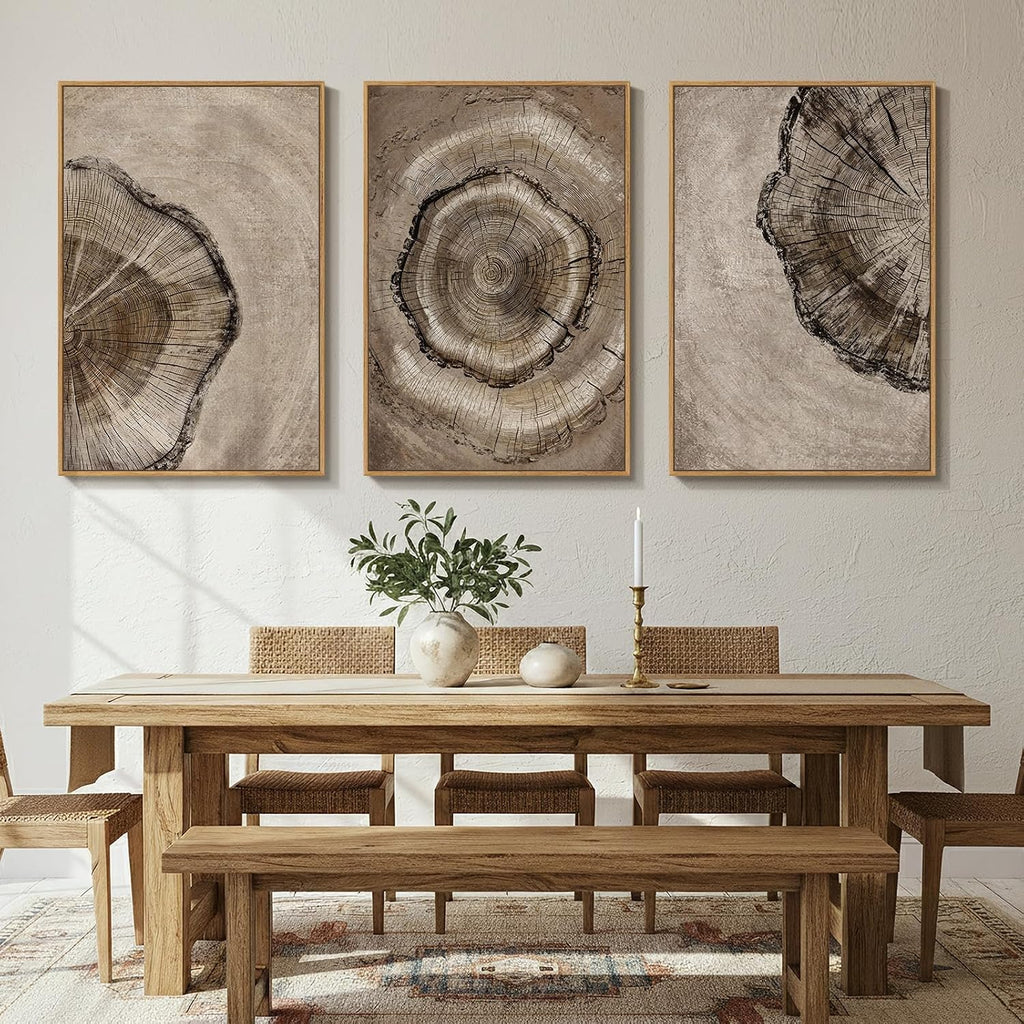 Large Framed Neutral Vintage Wall Art for Living Room, 3 Piece Retro Rustic Tree Ring Prints Canvas Artwork for Walls, Nature Paintings Pictures for Bedroom Hallway Home Office Wall Decor, 24x36 Inch