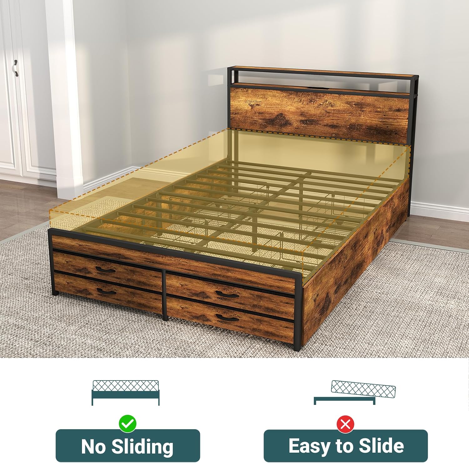 Zevemomo Queen Bed Frame with 8 Drawers, Queen Metal Bed Frame with LED Light & Charging Station, Heavy Duty Metal Slats, No Box Spring Needed, Rustic Brown
