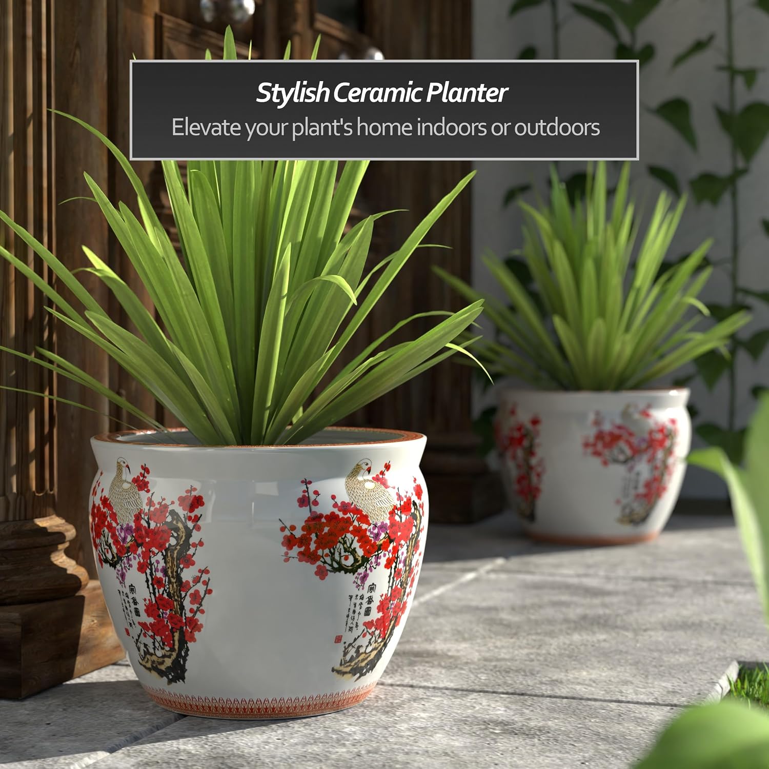 Red Lantern 16' Cherry Blossom Porcelain Fishbowl Planter