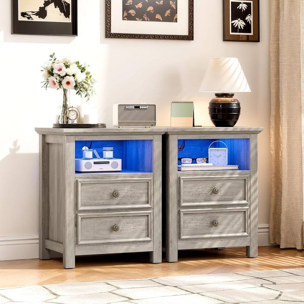 Set of 2 Nightstand with Charger Station Strip Lights,20' W Night Stand with Drawers for Bedroom, Large Accent Bed Side Table and End Table with Open Compartment-Easy Pull Handle, Textured Border,Gray