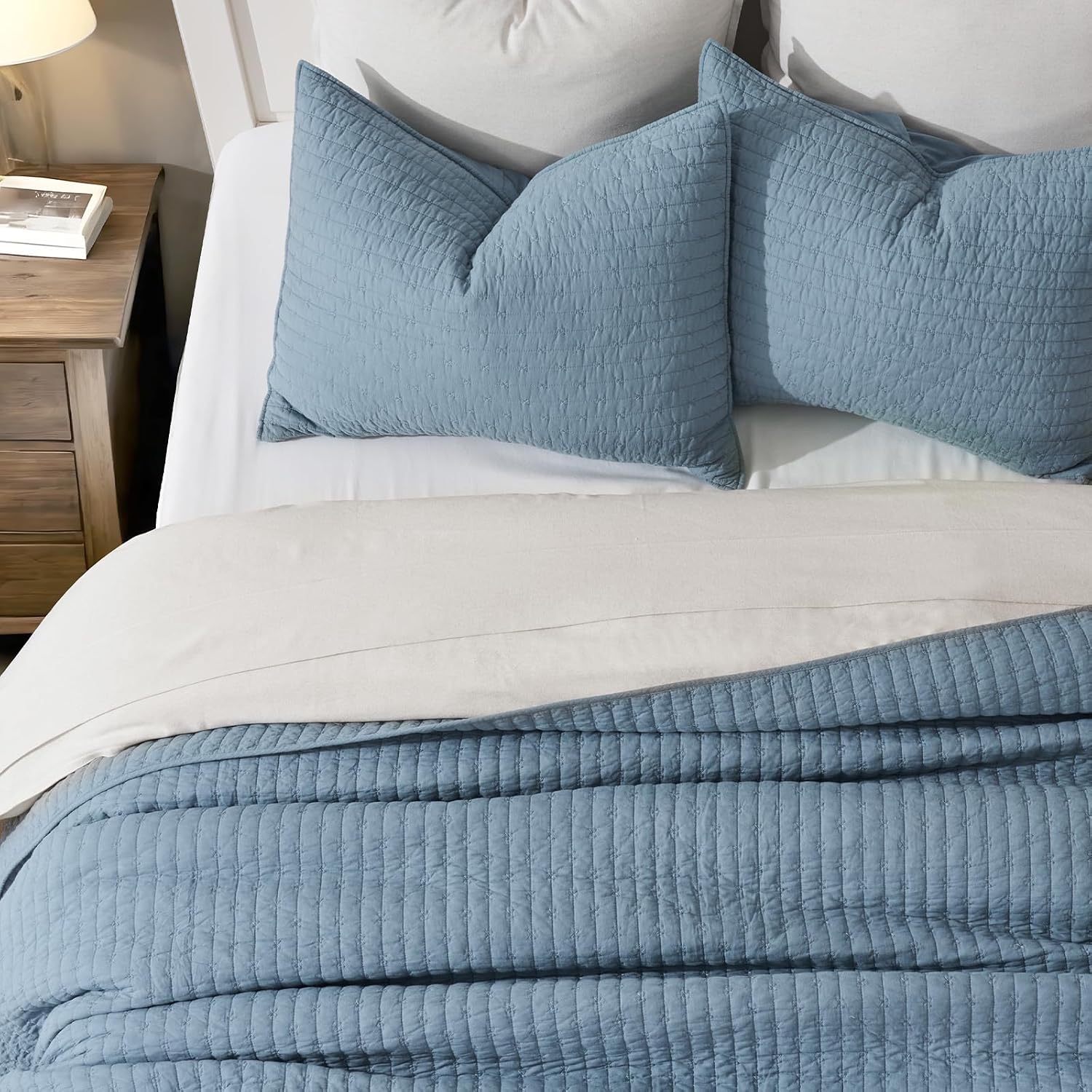 EVERGRACE x Kinsey Walsh Cross Stitch Pre-Washed Cotton Quilt Bedding Set King Size, Oversized 3 Pieces Lightweight Bedspread Coverlet for All Season, with 2 Matching Shams, Dusty Blue, 118'x106' | Cross Stitch