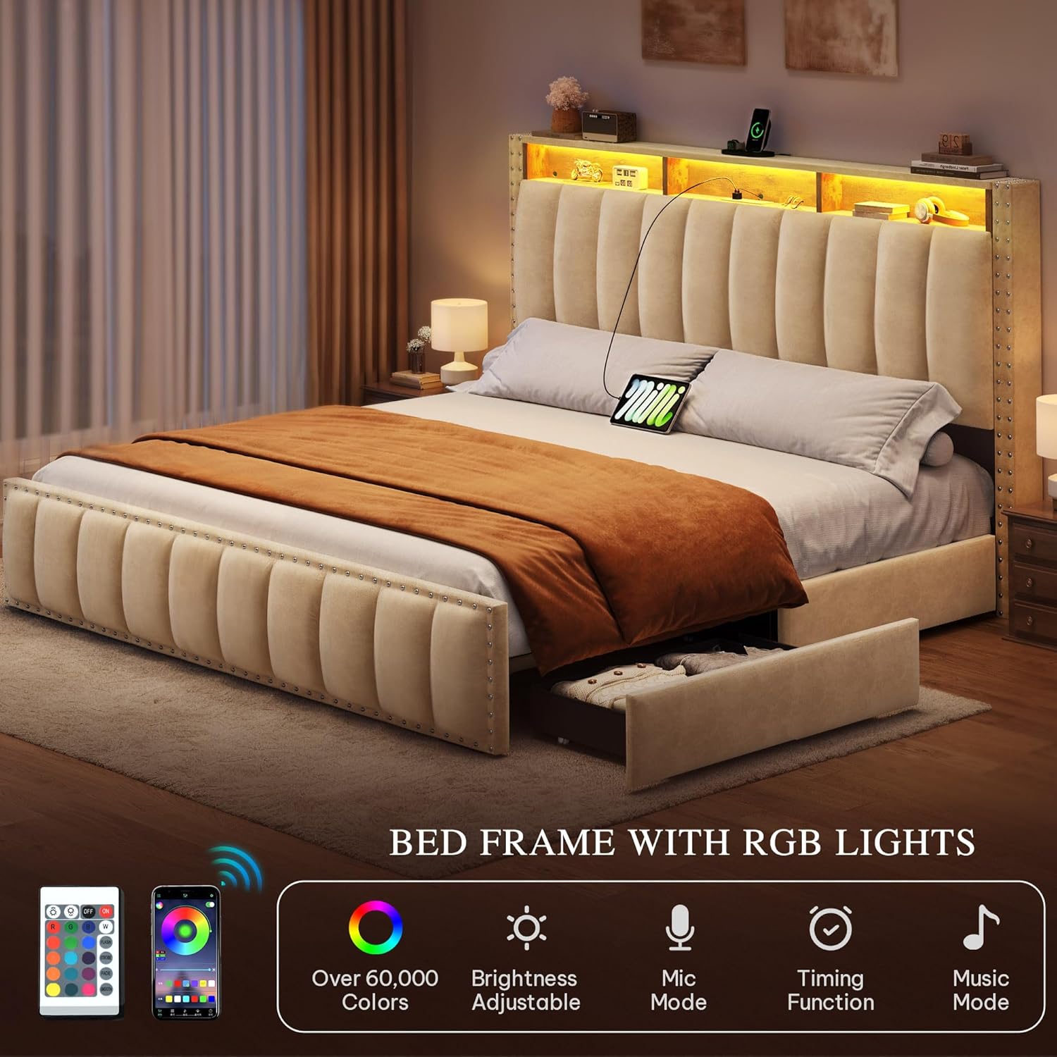 DWVO Full Size Bed Frame with 4 Storage Drawers and RGB LED Lights, Velvet Upholstered Platform Bed with Charging Station and Storage Headboard, No Box Spring Needed, Easy Assembly, Beige