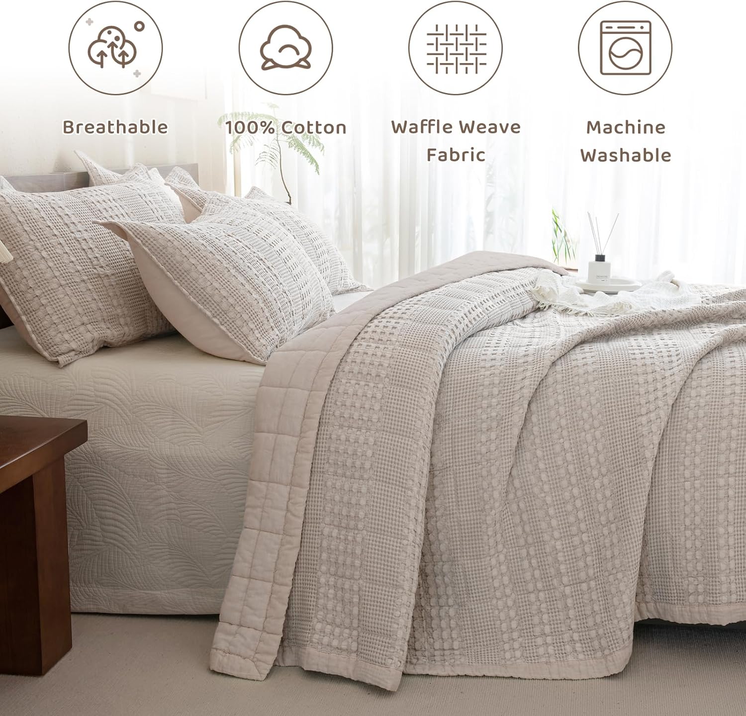 Sanracie Oversized King Quilt (120'x120'), Cotton Oatmeal Colored Waffle Weave Quilted Bedding Set Super Large Soft Bedspread 3Pcs Luxury Aesthetic Coverlet Set for All Season
