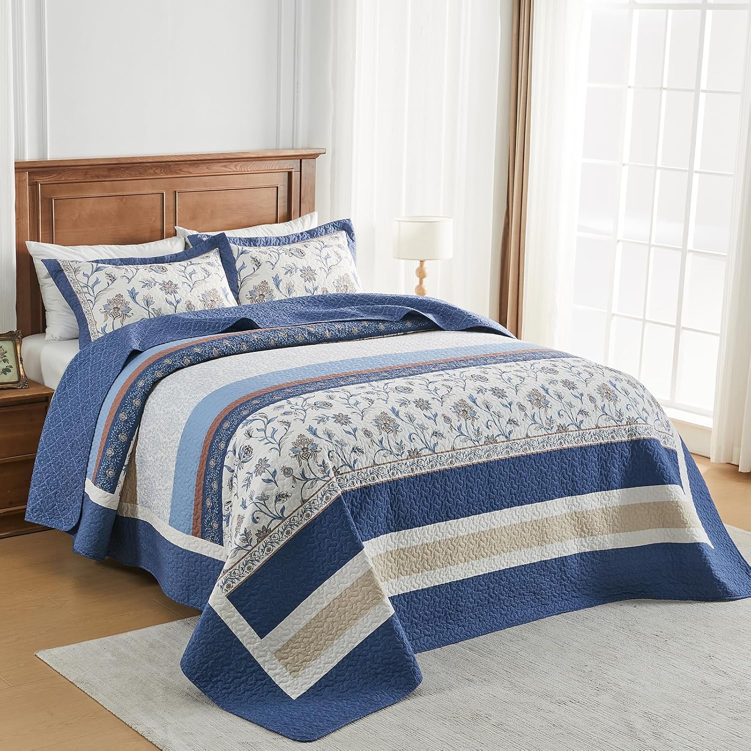 100% Cotton Oversized King Bedspread 128'x120' - Lightweight Vintage California Quilt with 2 Shams, Reversible Floral Striped Extra Wide Quilted Bedding Coverlet Set, Dark Blue/Brown/Cream