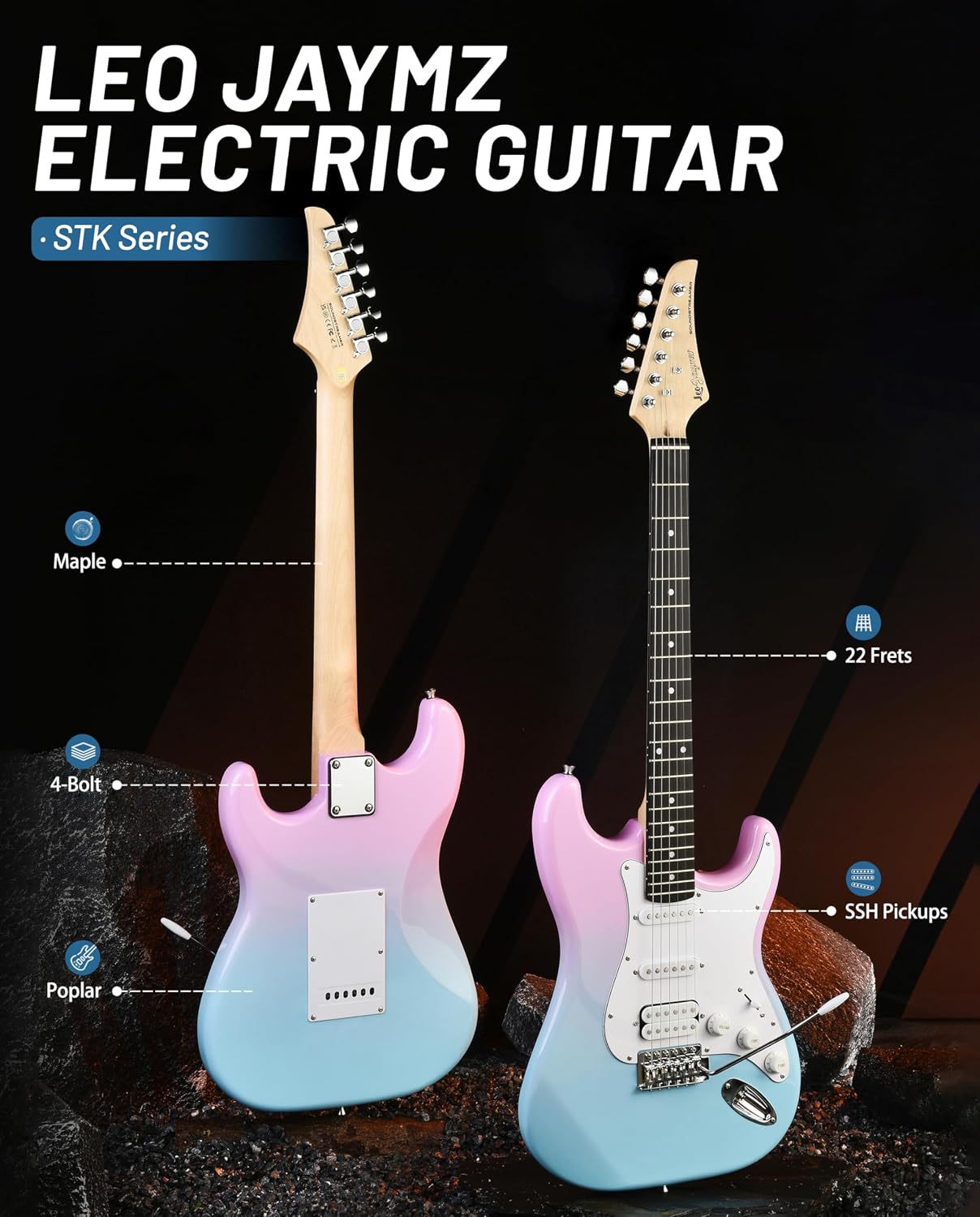 Leo Jaymz Beginner Electric Guitar 39' Kit with Portable Amplifier, Padded Gig Bag, Digital Tuner，Capo，Strap，Picks， HSS Pickups(Pink-Blue Fade-HSS)