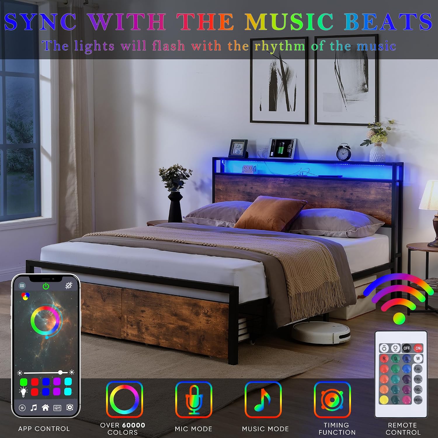 Queen Size Bed Frames with Storage Headboard and Drawers, LED Platform Bed Frame Queen Size, LED Upholstered Bed Frame with Charging Station, No Box Spring Needed, Easy Assembly,Grey