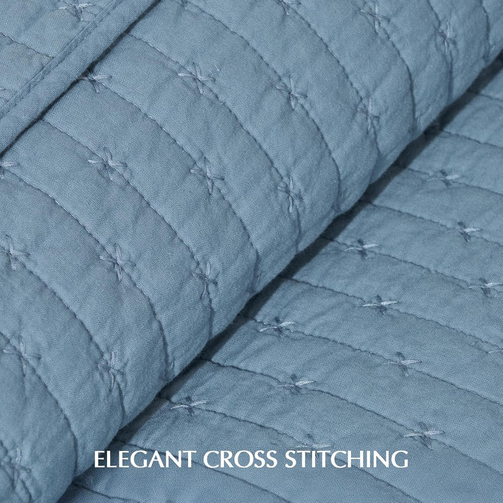 EVERGRACE x Kinsey Walsh Cross Stitch Pre-Washed Cotton Quilt Bedding Set King Size, Oversized 3 Pieces Lightweight Bedspread Coverlet for All Season, with 2 Matching Shams, Dusty Blue, 118'x106' | Cross Stitch