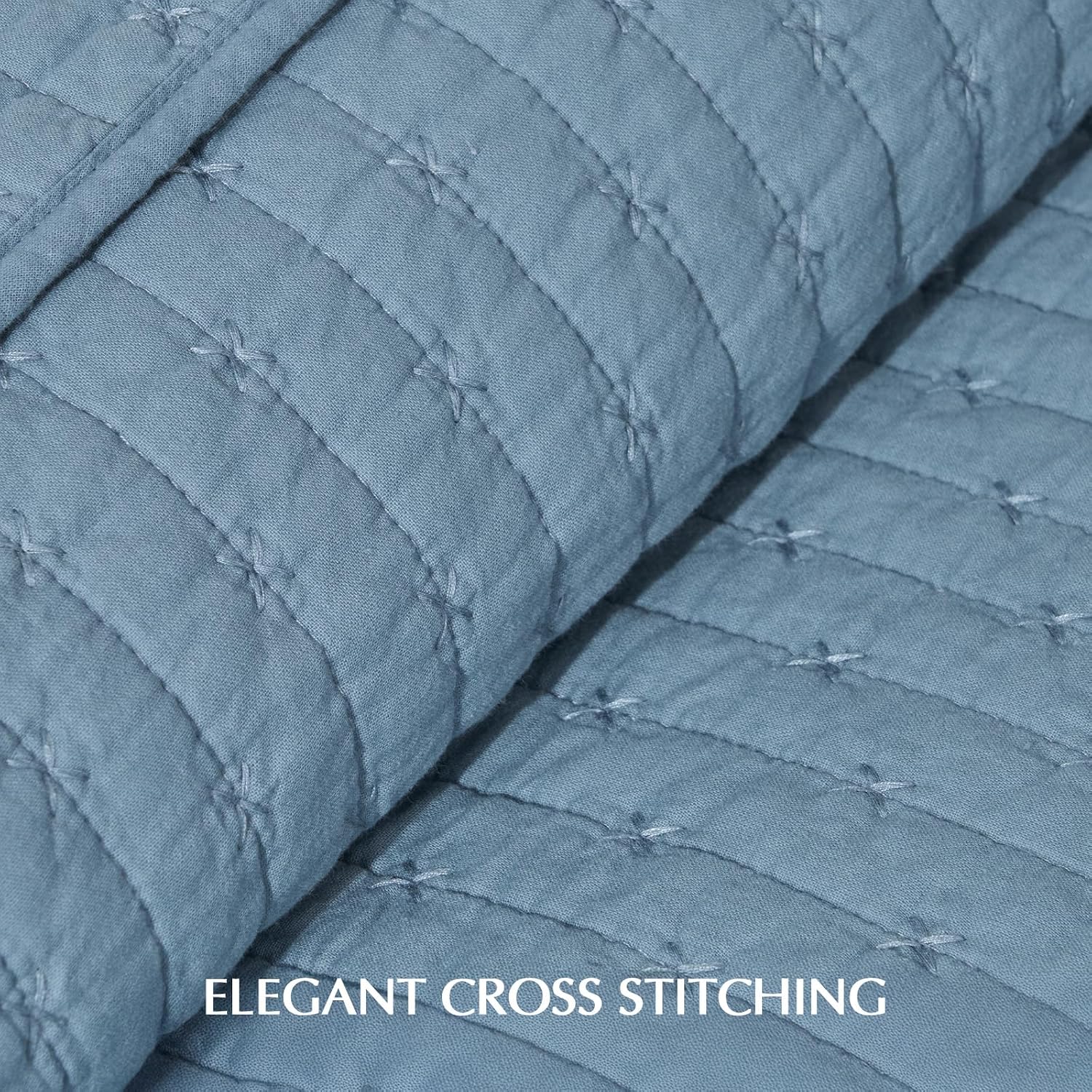 EVERGRACE x Kinsey Walsh Cross Stitch Pre-Washed Cotton Quilt Bedding Set King Size, Oversized 3 Pieces Lightweight Bedspread Coverlet for All Season, with 2 Matching Shams, Dusty Blue, 118'x106' | Cross Stitch