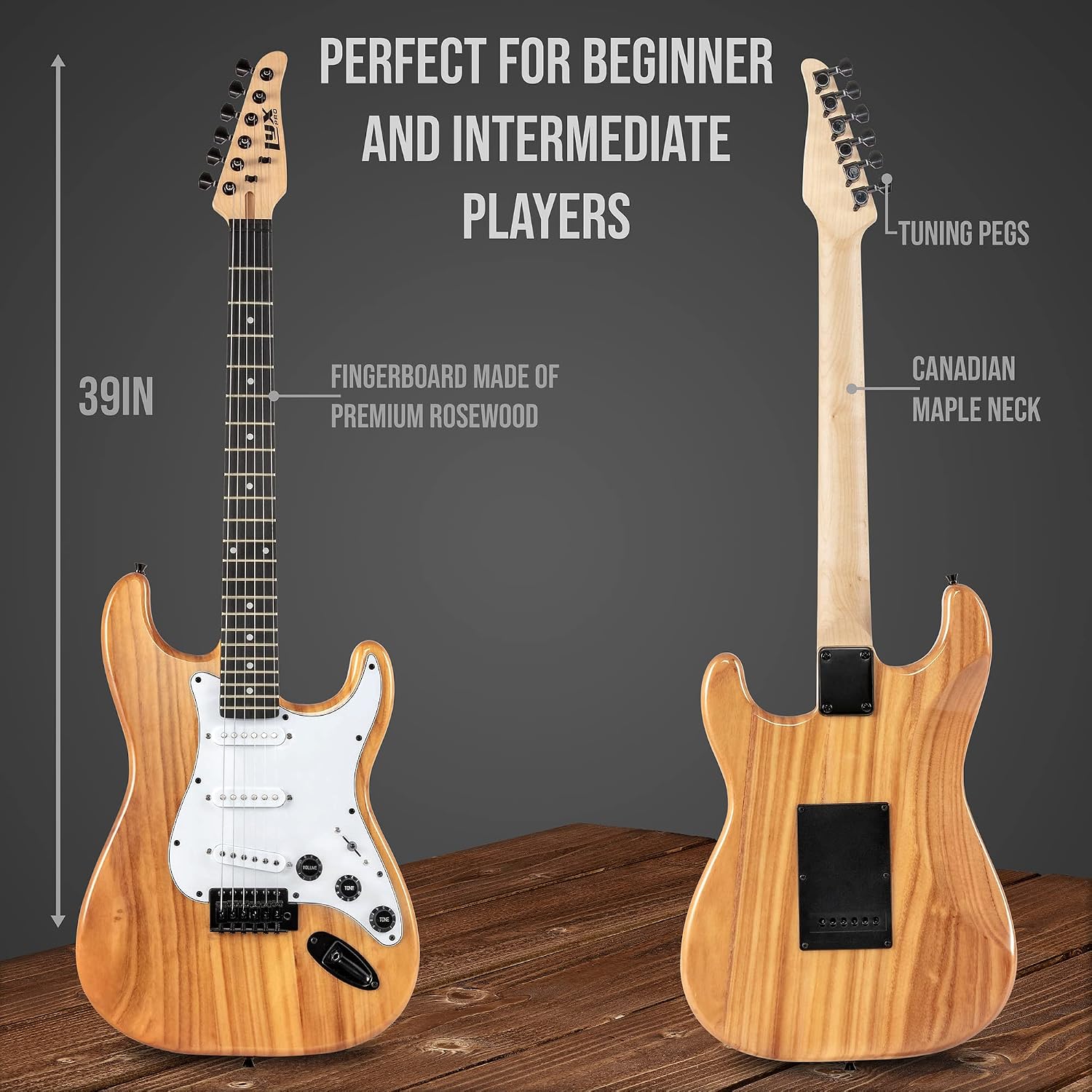 LyxPro CS 39' Electric Guitar Kit for Beginner, Intermediate & Pro Players with Guitar, Amp Cable, 6 Picks & Learner's Guide | Solid Wood Body, Volume/Tone Controls, 5-Way Pickup - Natural