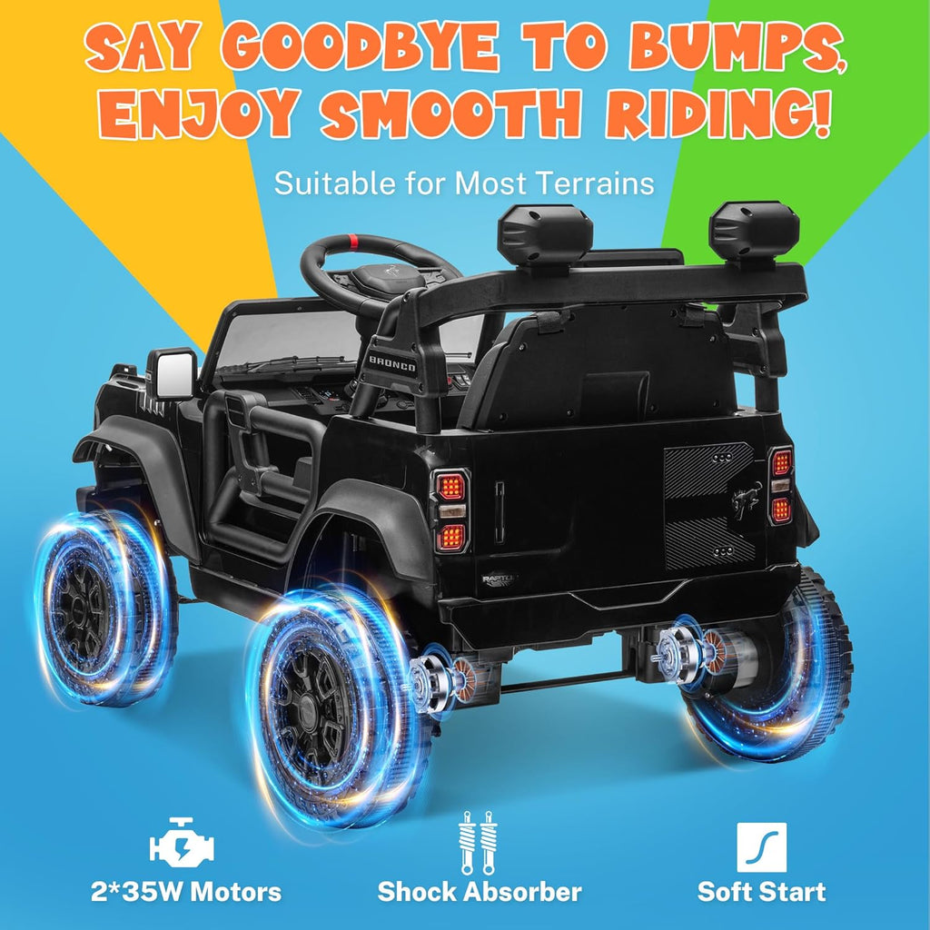 ENYOPRO 12V Licensed Ford Bronco Raptor Ride on Car for Kids, Battery Powered Electric Car for Toddlers w/Remote Control, Spring Suspension, Seat Belt, Bluetooth, Horn, LED Lights, Radio (Black)