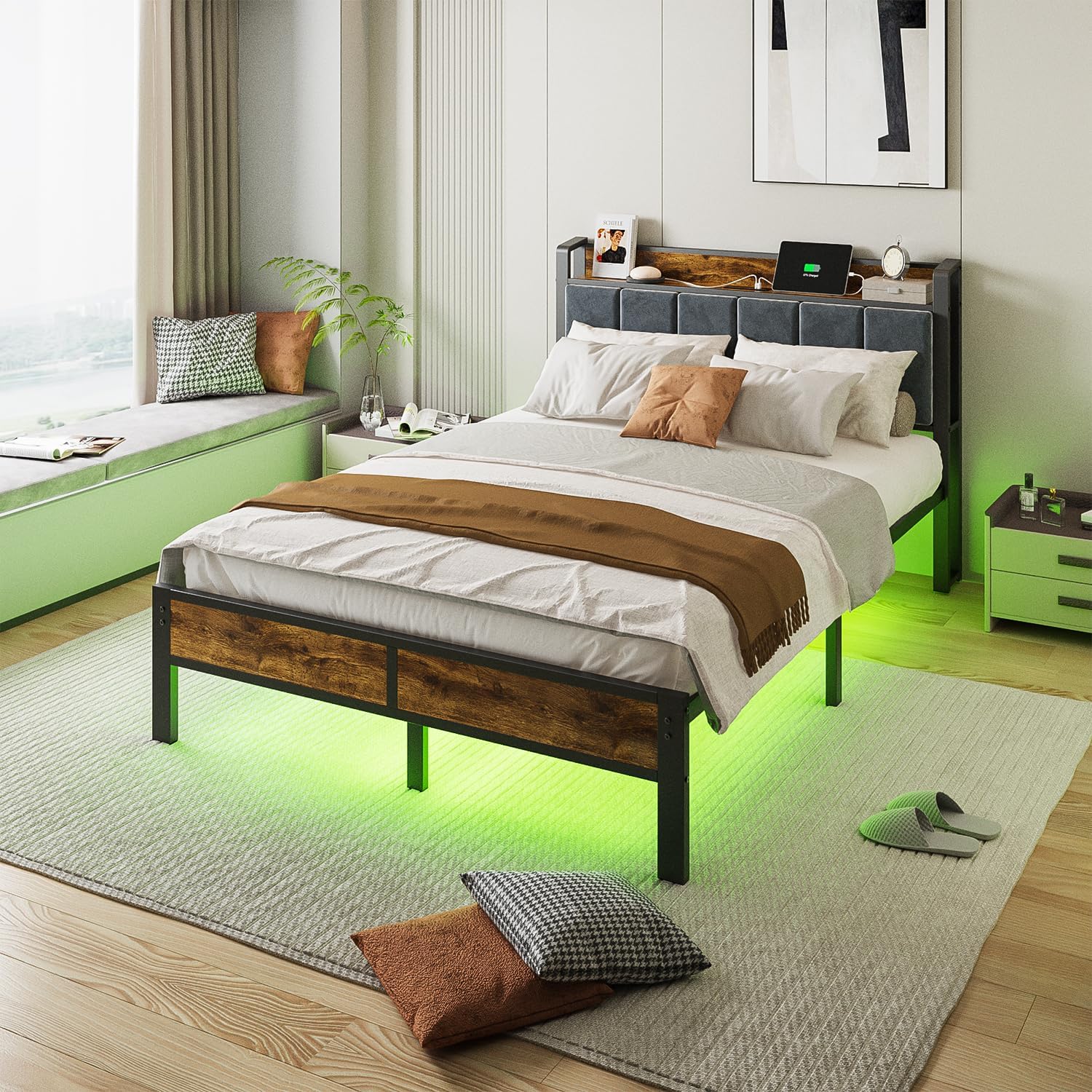 ALBERTO Full Size LED Bed Frame with Built-in Charging Station, Metal Platform with Slats, Soft Grey Upholstered Headboard, No Box Spring Required