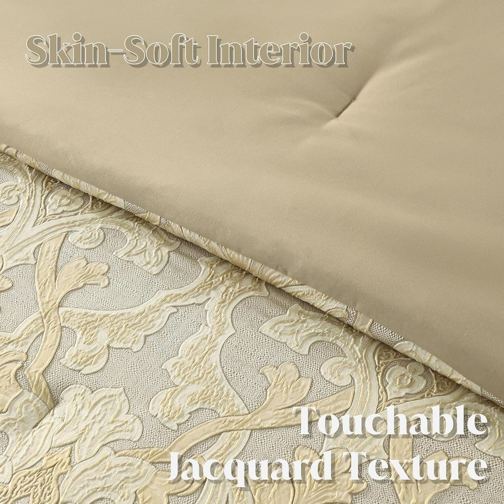 CozyDH Luxury Comforter Set King Size, Champagne Beige - 7 Piece Bed in a Bag Jacquard Vintage Floral Damask, All Season Down Alternative Bedding with Bed Skirt, Shams, Decorative Pillows, 104x90 in