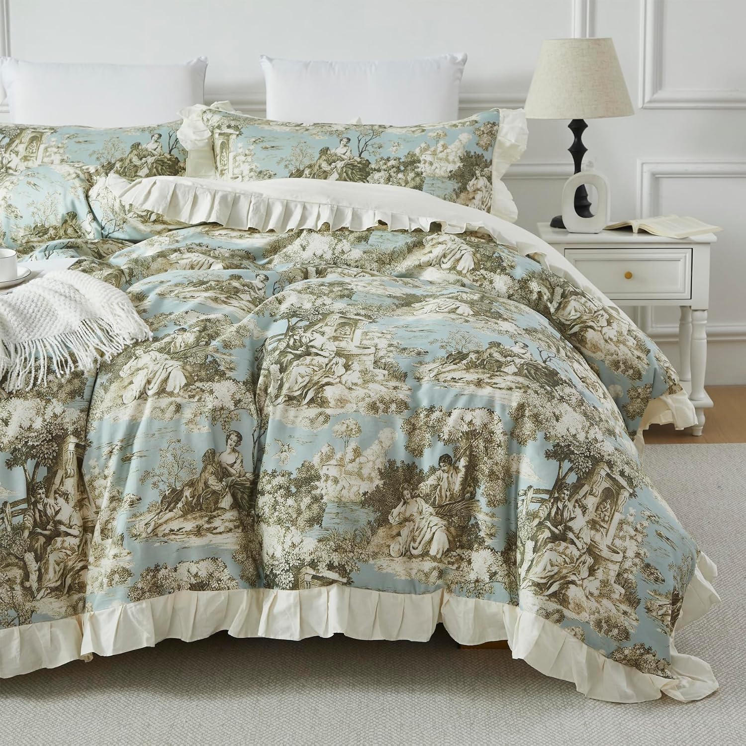 Brandream French Country Toile Queen Duvet Cover Set for Girl Women Bedroom Vintage Cottagecore Toile Floral Print 100% Cotton Duvet Quilt Comforter Cover Pillow Shams Set with Delicate Ruffle Fringe