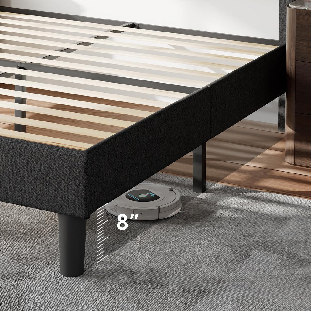Feonase Full Bed Frame with Charging Station, Upholstered Platform Bed Frame with Wingback Storage Headboard, No Box Spring Needed, Easy Assembly, Dark Gray