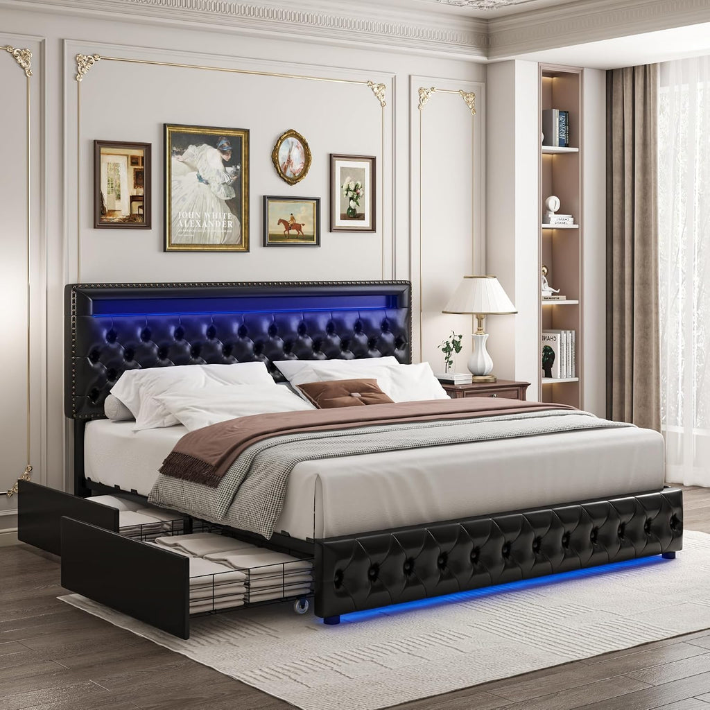 King LED Bed Frame with 4 Drawers, Platform Bed with Headboard, Adjustable Upholstered Diamond Headboard and Frame, No Box Spring Needed, Wooden Slats Support,PU Black