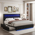King LED Bed Frame with 4 Drawers, Platform Bed with Headboard, Adjustable Upholstered Diamond Headboard and Frame, No Box Spring Needed, Wooden Slats Support,PU Black