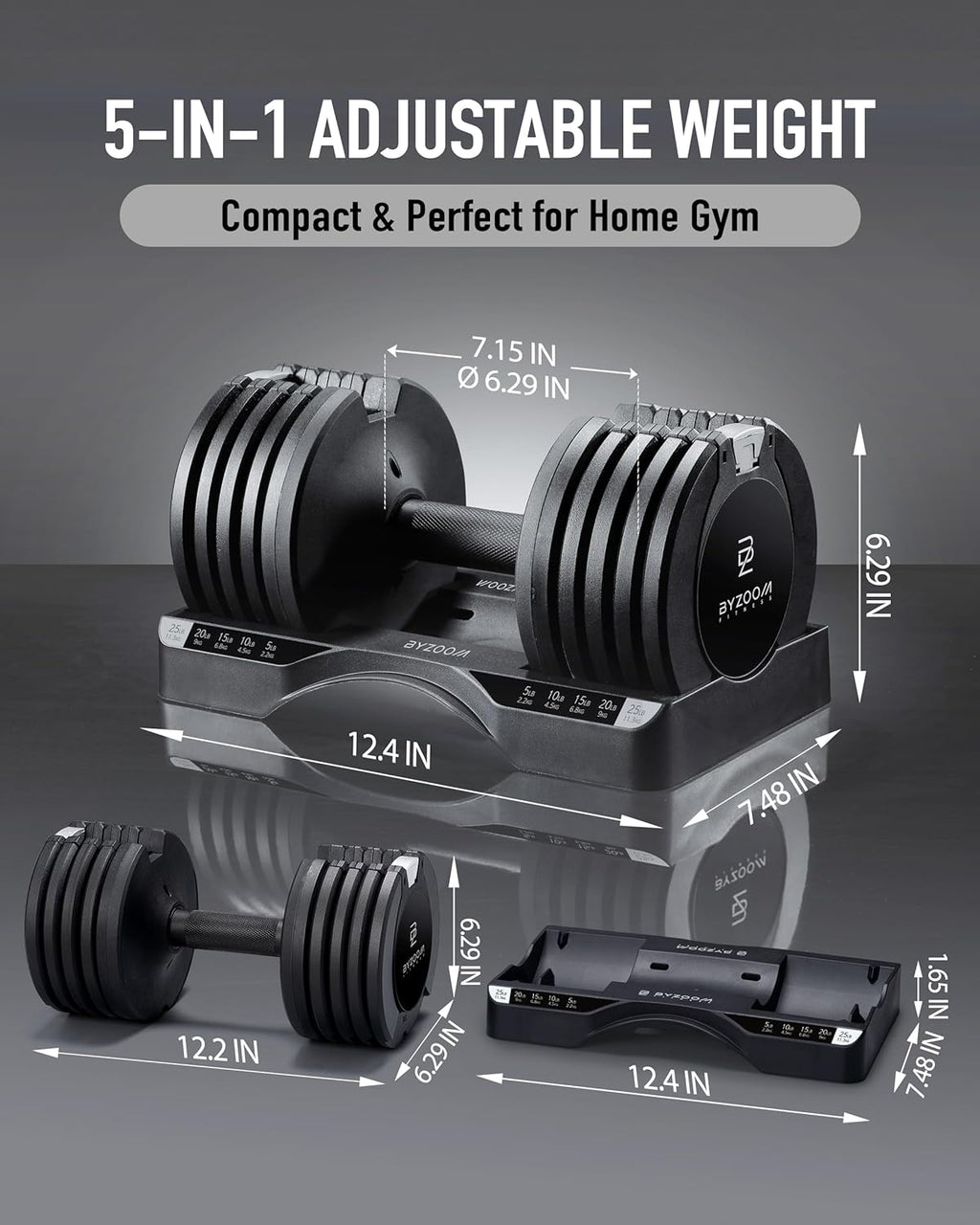 BYZOOM FITNESS Pure Series Adjustable Dumbbell 25LB Set of 2 + Adjustabel Bench Bundle Set for Home Gym