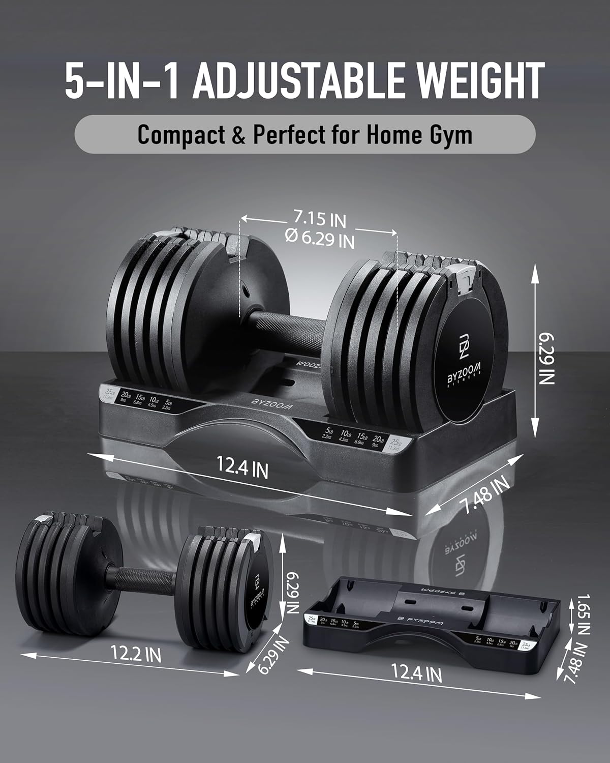 BYZOOM FITNESS Pure Series Adjustable Dumbbell 25LB Set of 2 + Adjustabel Bench Bundle Set for Home Gym