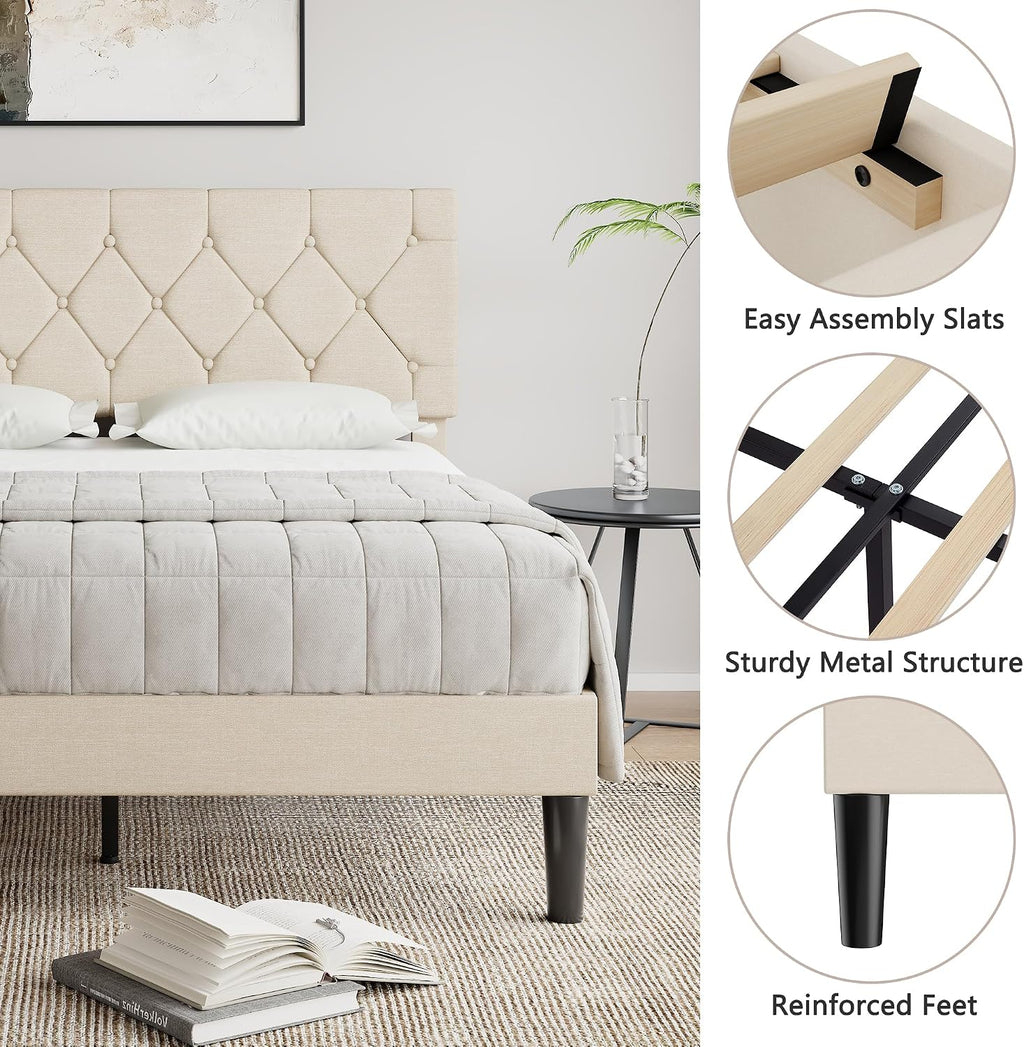 VECELO Full Size Bed Frame with Button Tufted Headboard, Upholstered Platform with Wooden Slat Support, No Box Spring Needed, Cream Beige