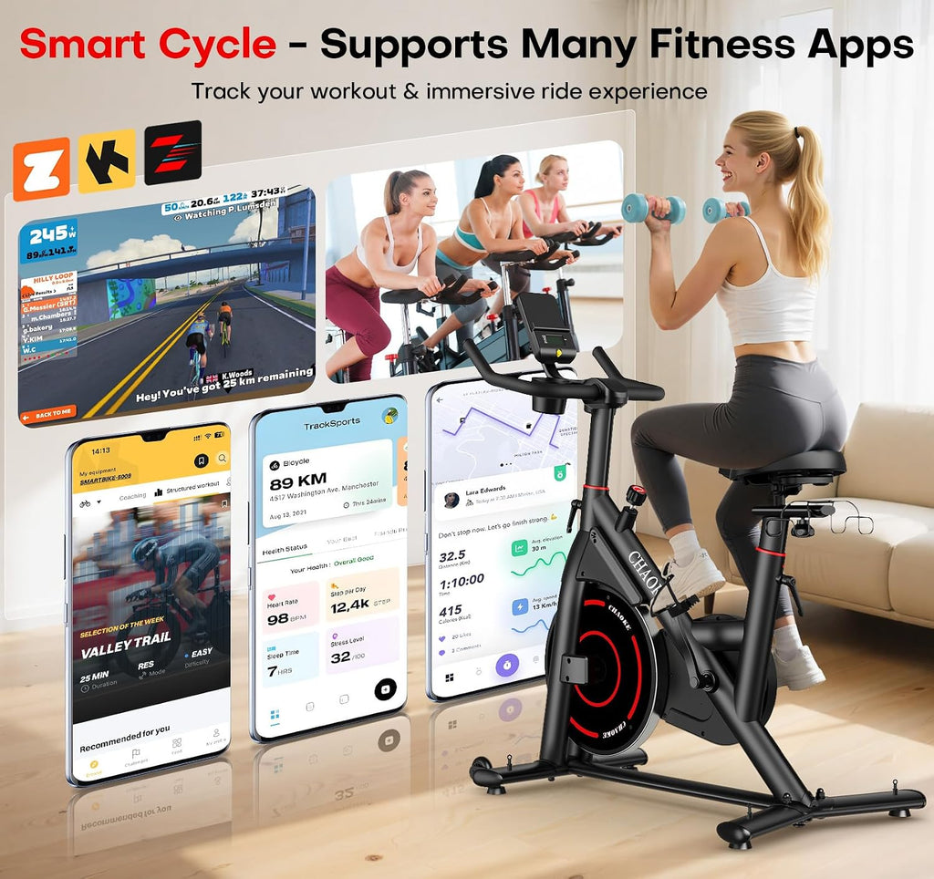 Exercise Bike, CHAOKE Quiet Adjustable Magnetic Resistance Stationary Bike for Home Cardio with App Compatible, 350LB Weight Capacity Indoor Cycling Bike with Comfortable Seat & Digital Display
