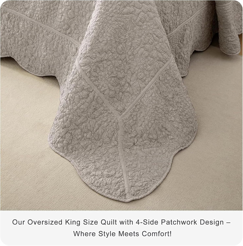 Lady Ann Oversized King 120x120 Quilt Set, 3 Pcs Stone-Washed Crinkled Linen Feel Cal King Size Bedspread Set, Crinkled Scalloped Edge Coverlet Extra Large Quilted Blanket Farmhouse Rustic Bedding Set