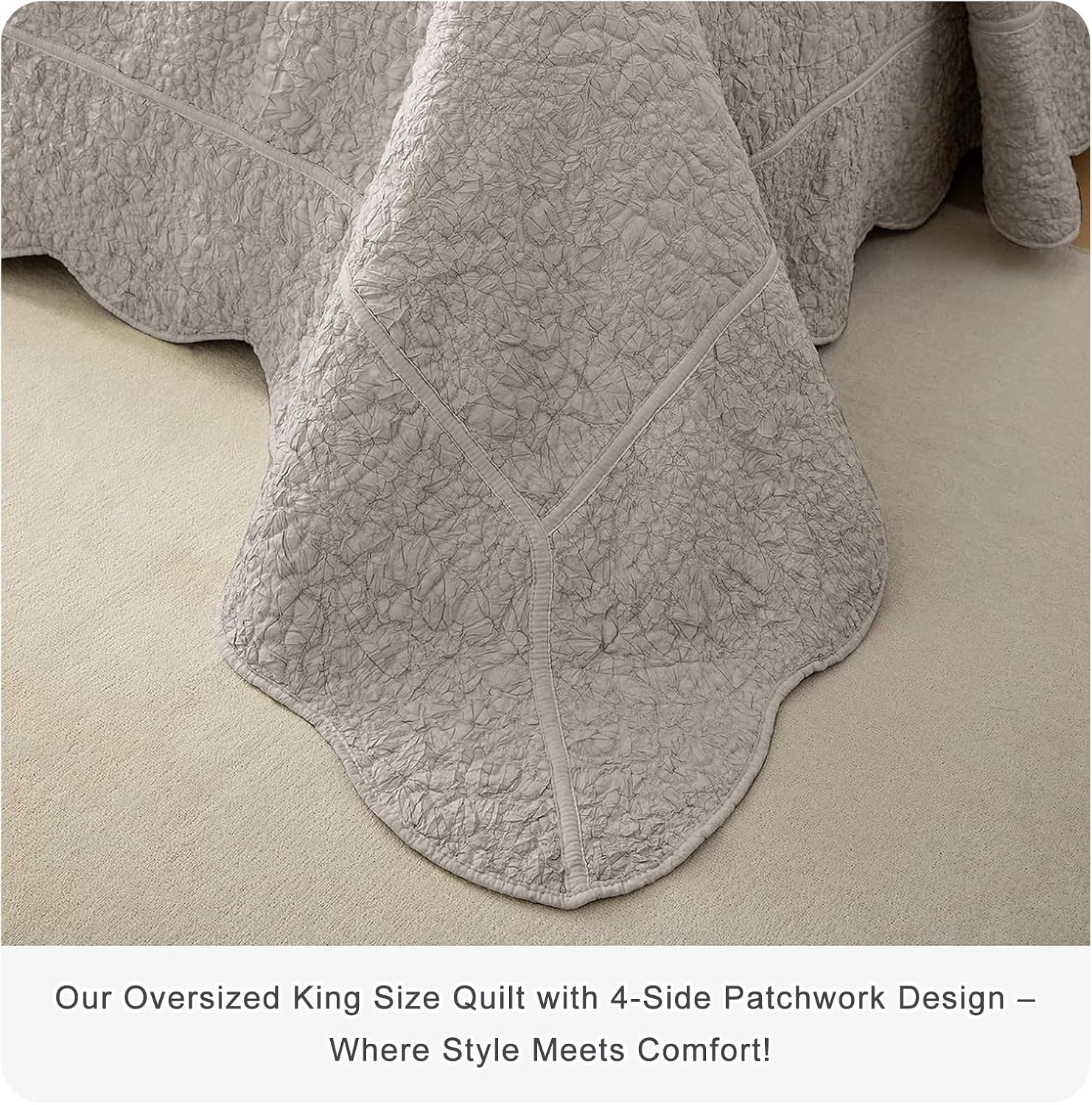 Lady Ann Oversized King 120x120 Quilt Set, 3 Pcs Stone-Washed Crinkled Linen Feel Cal King Size Bedspread Set, Crinkled Scalloped Edge Coverlet Extra Large Quilted Blanket Farmhouse Rustic Bedding Set