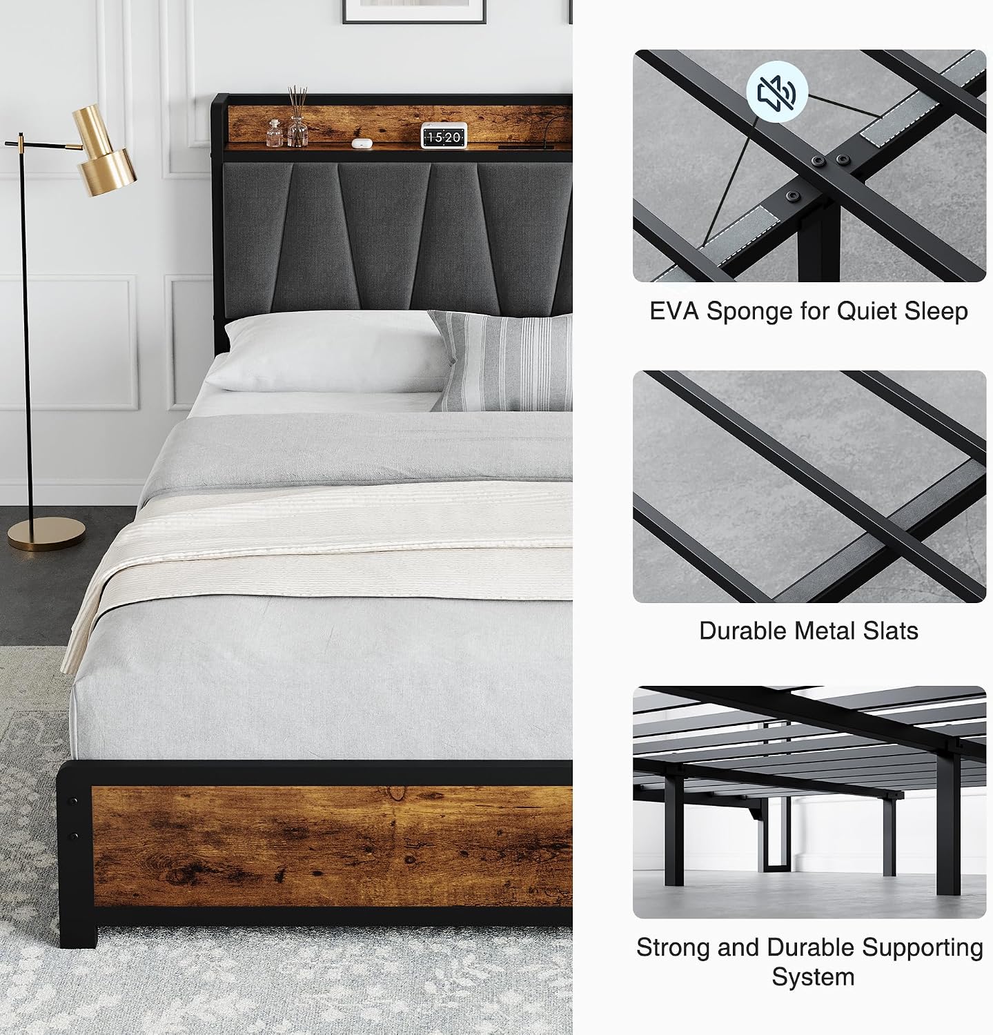 GAOMON Queen Size Bed Frame with Storage Linen Upholstered Headboard, 4 Drawers Platform Bed Frame with Charging Station, No Box Spring Needed, Easy Assembly, Vintage Brown