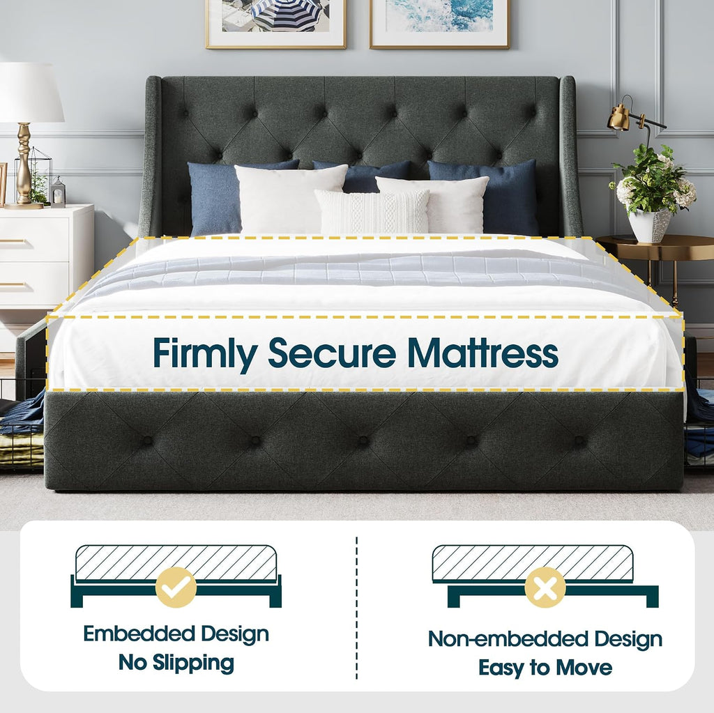 WEEWAY Upholstered Full Size Bed Frame with 4 Storage Drawers and Wingback Headboard, Button Tufted Design, No Box Spring Needed, Easy Assembly, Dark Grey
