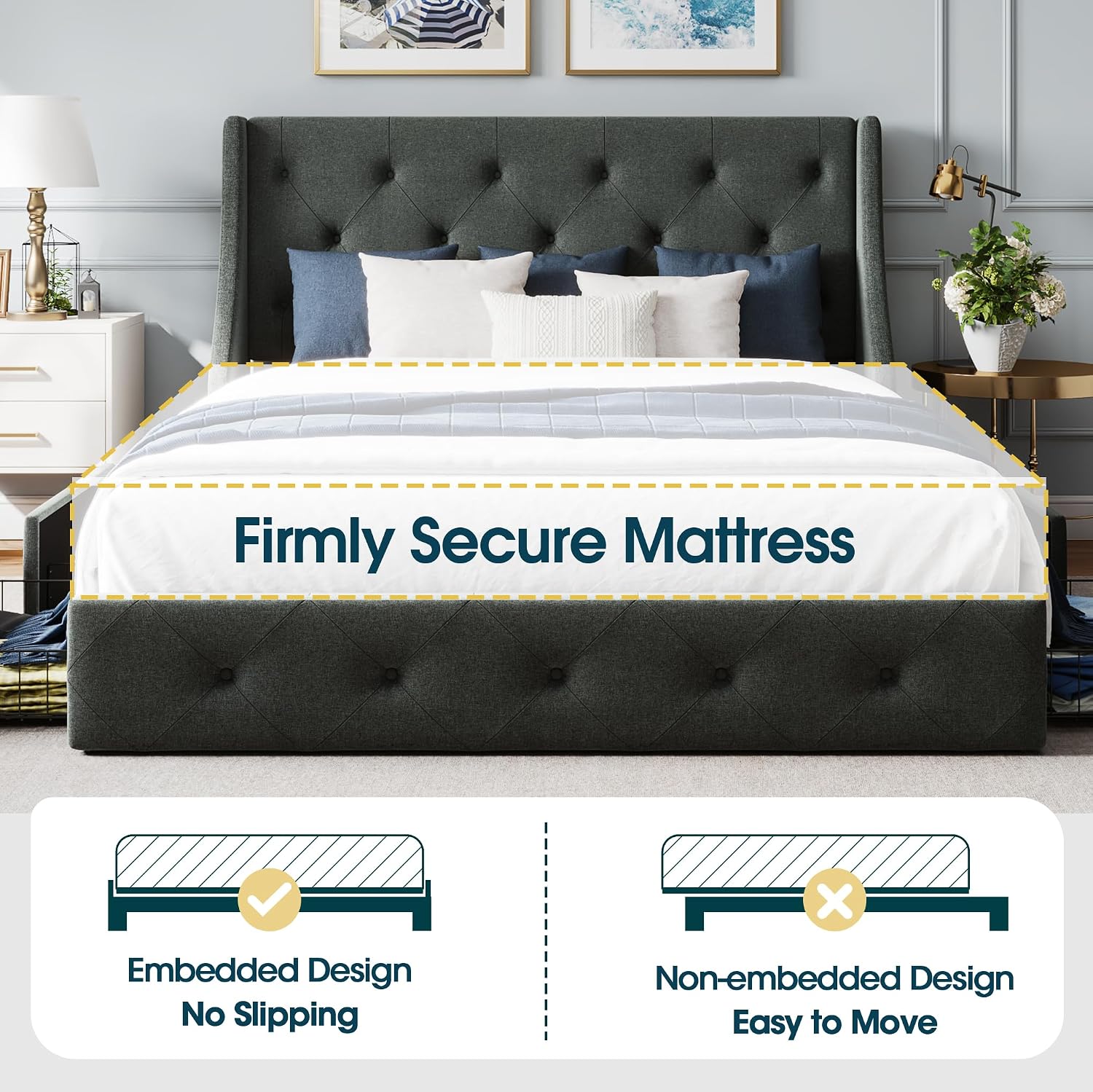 WEEWAY Upholstered Full Size Bed Frame with 4 Storage Drawers and Wingback Headboard, Button Tufted Design, No Box Spring Needed, Easy Assembly, Dark Grey