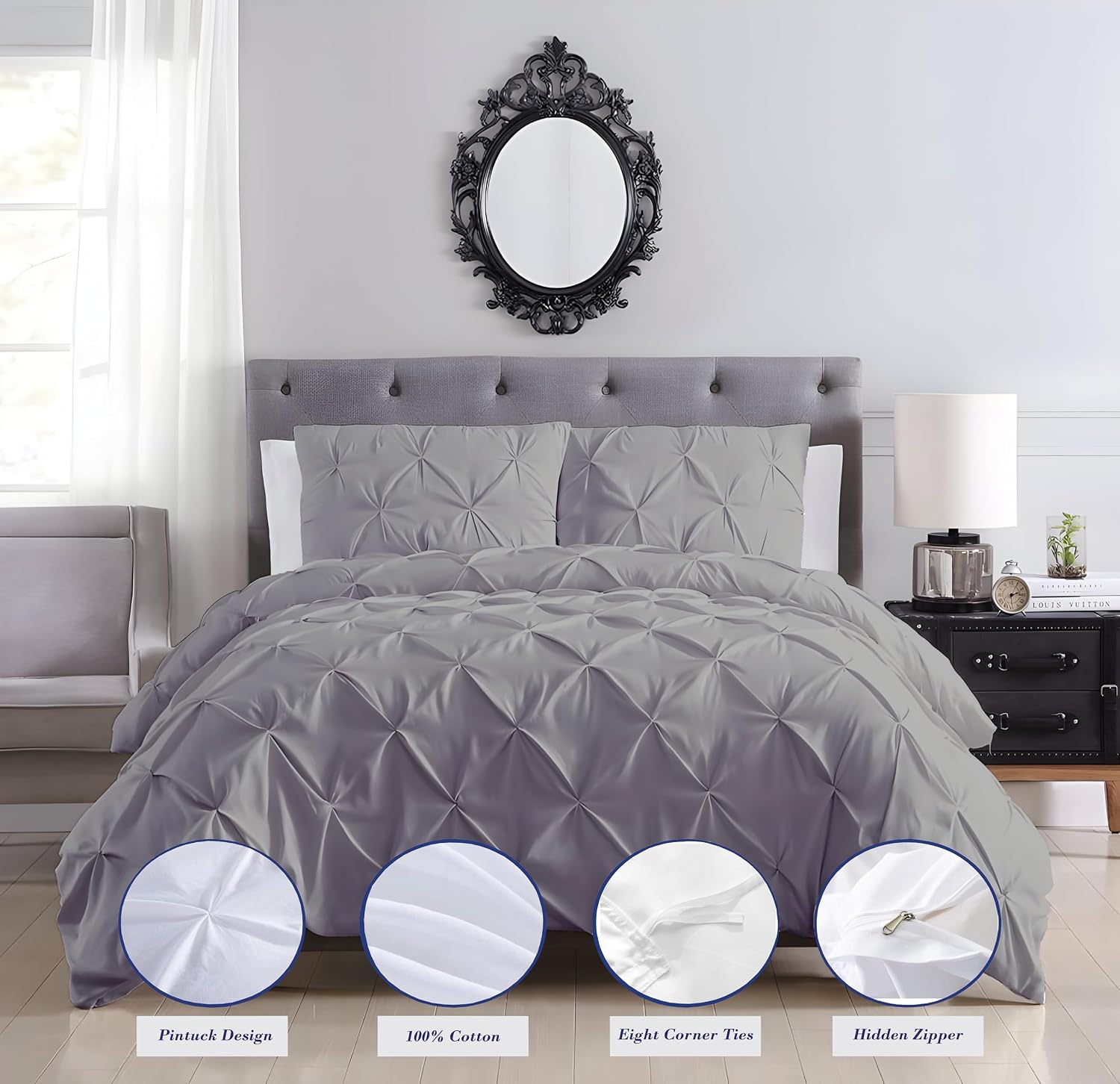 Luxury Silver Pinch Pleated Pintuck Duvet Cover Set Oversized King Plus 120'x128' Size Egyptian Cotton Luxury Soft & Breathable Comforter Cover with Corner Ties & Zipper Closure