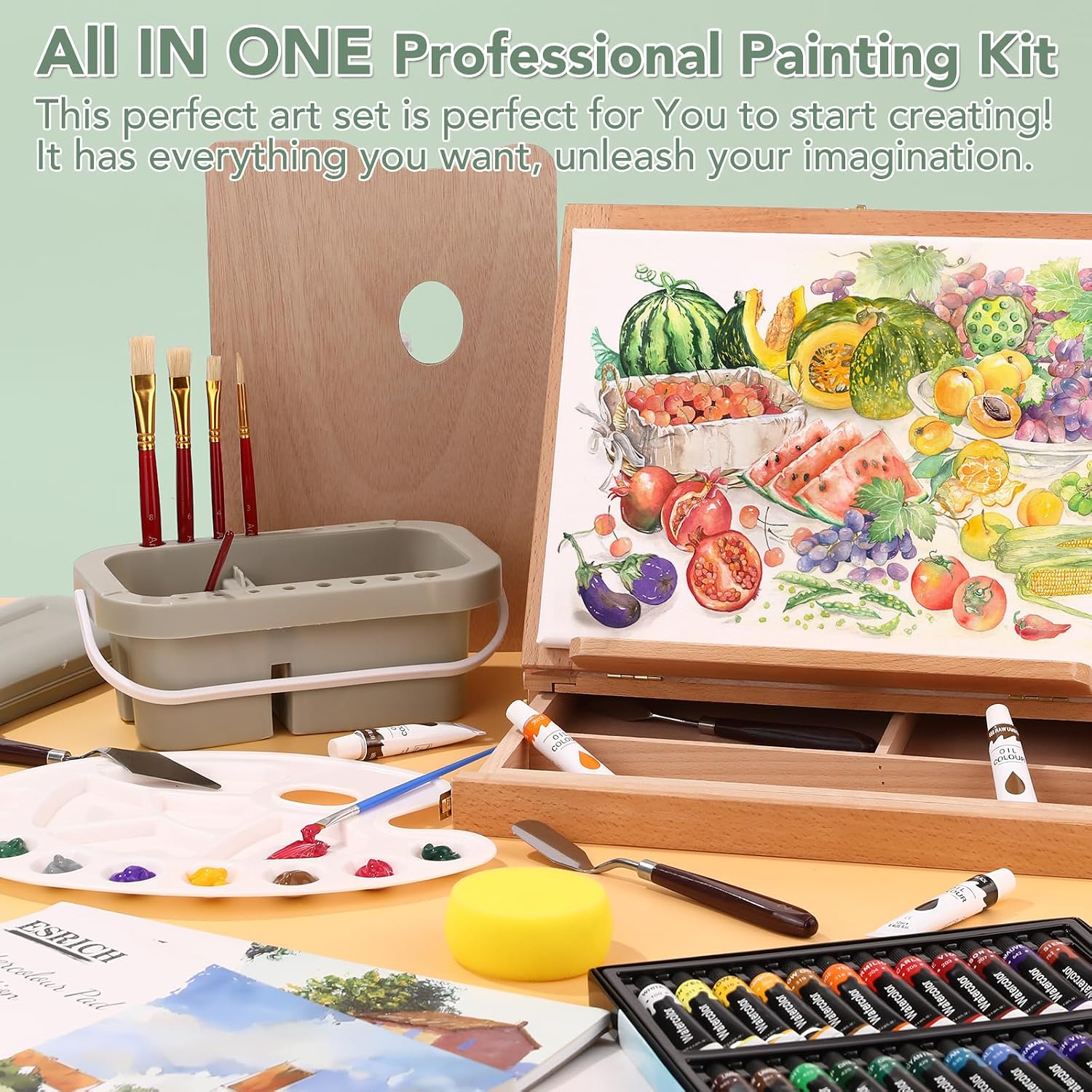 ESRICH 166 Pcs Painting Set, Painting Supplies with 96 Paint(Oil, Watercolor，Gouache & Acrylic Paint) Metal and Wooden Easels, Canvas, Paper Pads, 45 Paintbrushes etc. for Adults, Kids, Artists