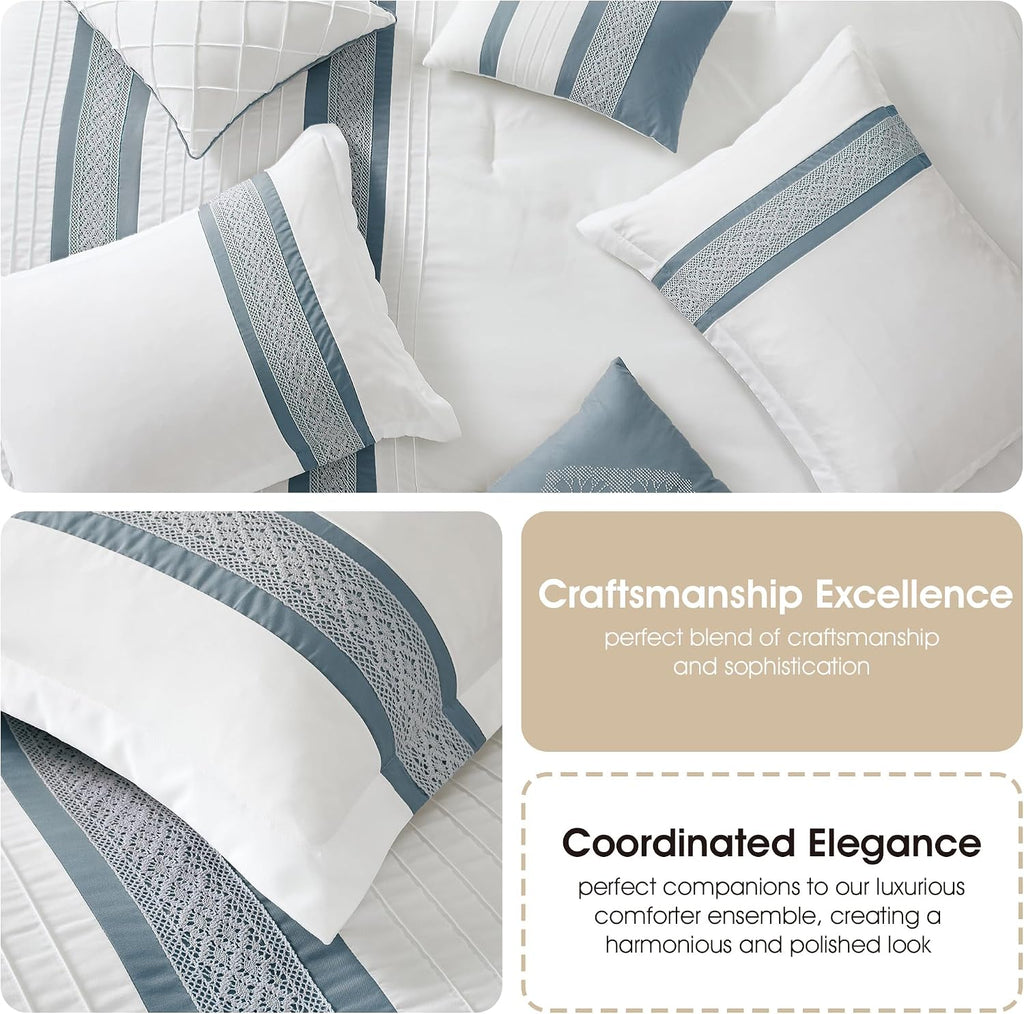 Grand Avenue Striped 7 Piece Blue Comforter Set, California King Size Microfiber Bedding, All Season Polyester Bedding Set, Bed Skirt, Pillows & Shams