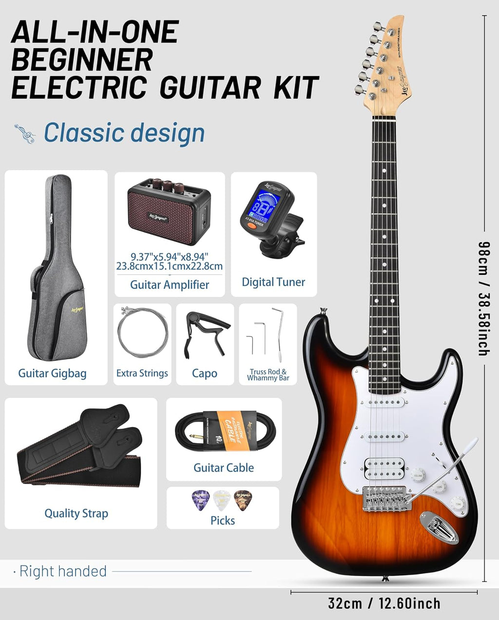 Leo Jaymz Beginner Electric Guitar Complete Kit with Portable Amp, Padded Gig Bag & Full Accessories, Maple Neck HSS Pickups (Sunburst-HSS)