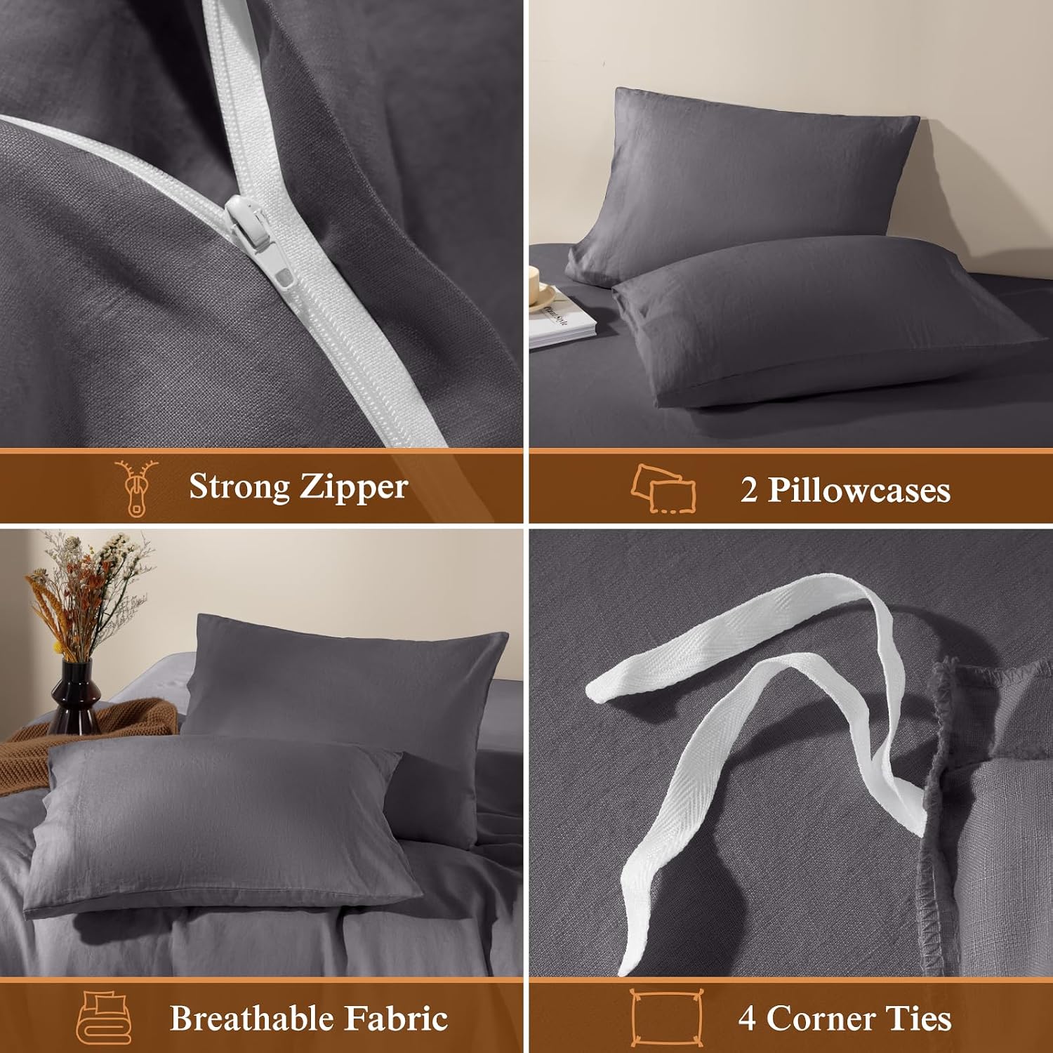 LBRO2M 100% France Linen Duvet Cover Set 3 Pcs Natural Flax Duvet Cover Set 2 Pillowcase 1 Duvet Cover with Zipper (Dark Gray Full)