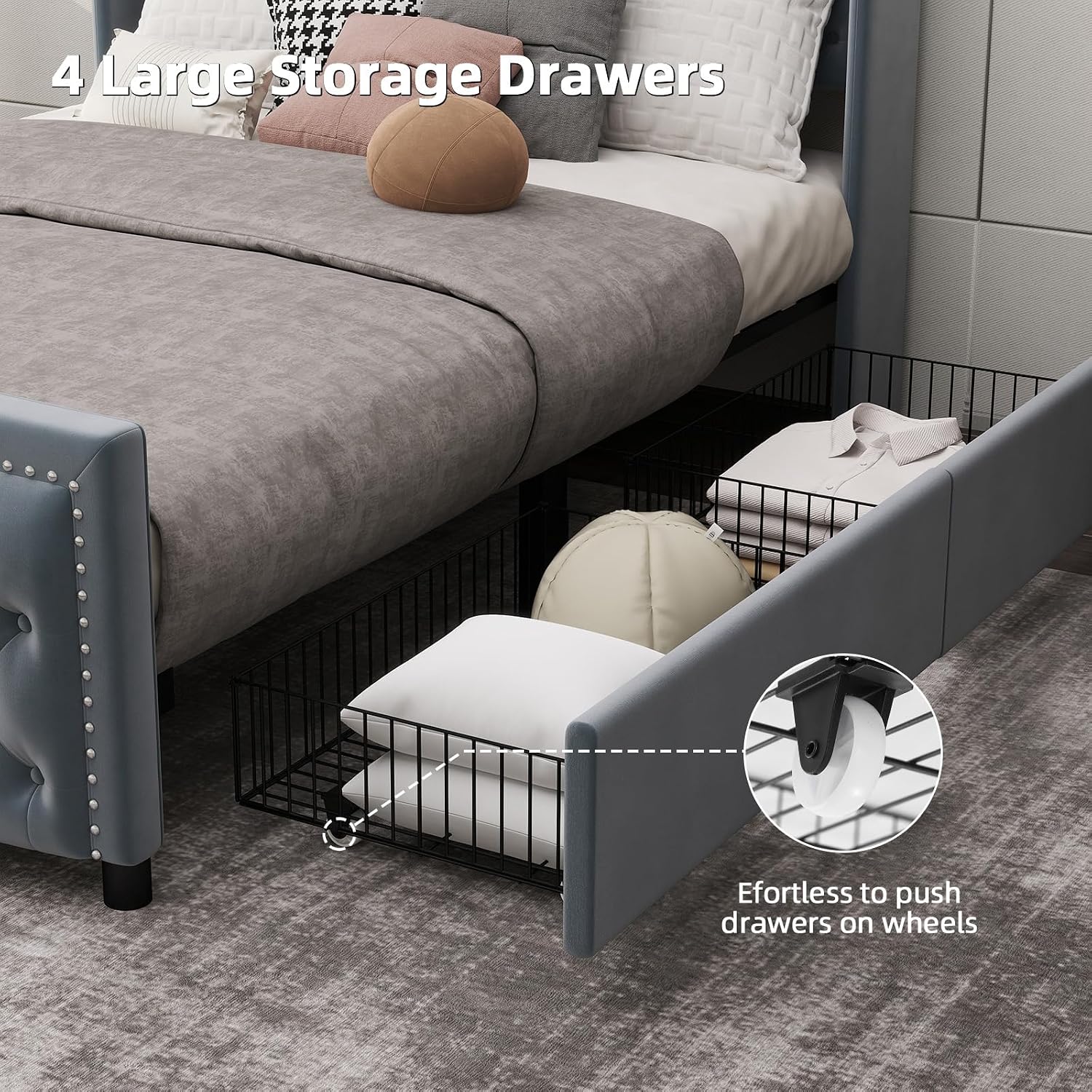 CANMOV Full Size Upholstered Bed Frame with 4 Storage Drawers,Comfortable Fabric Platform Bed Frame with Wingback Headboard & Footboard,Wooden Slats Support,No Box Spring Needed,Dark Grey