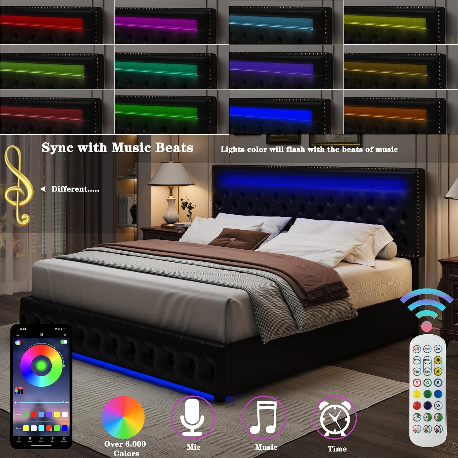 King LED Bed Frame with 4 Drawers, Platform Bed with Headboard, Adjustable Upholstered Diamond Headboard and Frame, No Box Spring Needed, Wooden Slats Support,PU Black