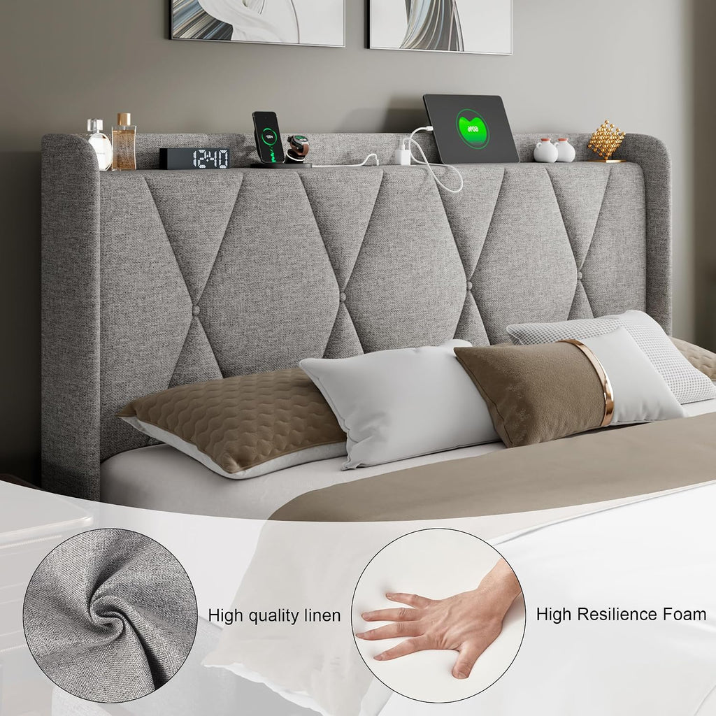 Feonase Full Bed Frame with 4 Storage Drawers, Upholstered Button Tufted Storage Headboard with Fast Charging Station, Heavy Duty Slats Support, No Box Spring Needed, Noise-Free, Light Grey