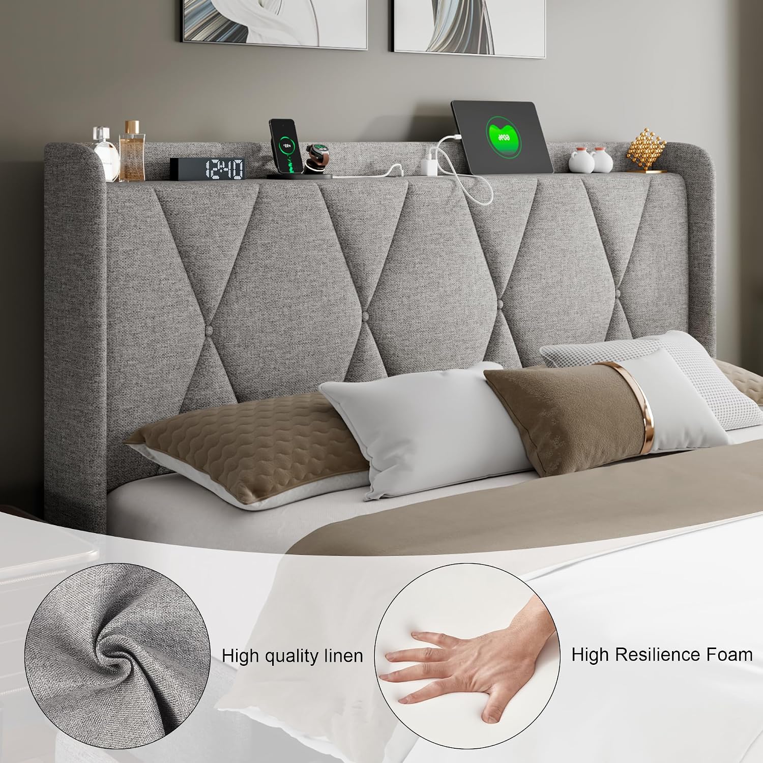 Feonase Full Bed Frame with 4 Storage Drawers, Upholstered Button Tufted Storage Headboard with Fast Charging Station, Heavy Duty Slats Support, No Box Spring Needed, Noise-Free, Light Grey