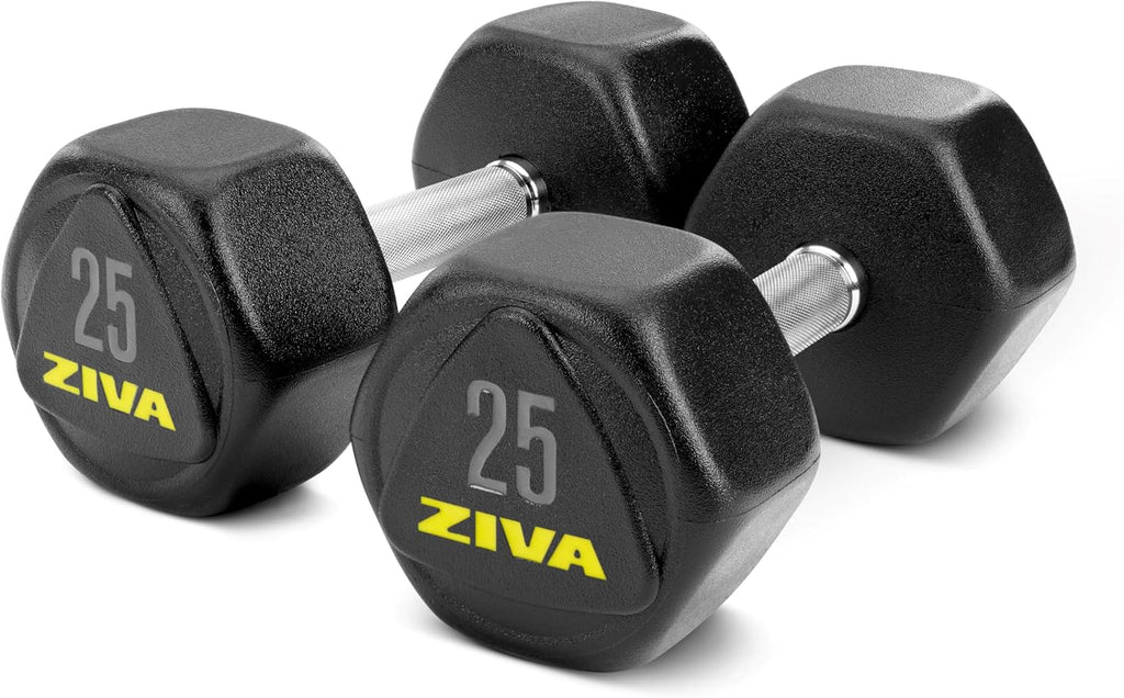 ZIVA Premium Hex Dumbbells – Commercial Grade Rubber Urethane Coated Free Weights for Strength Training, Weightlifting, Home Gym – Durable Steel Core – Sold in Pairs and Sets
