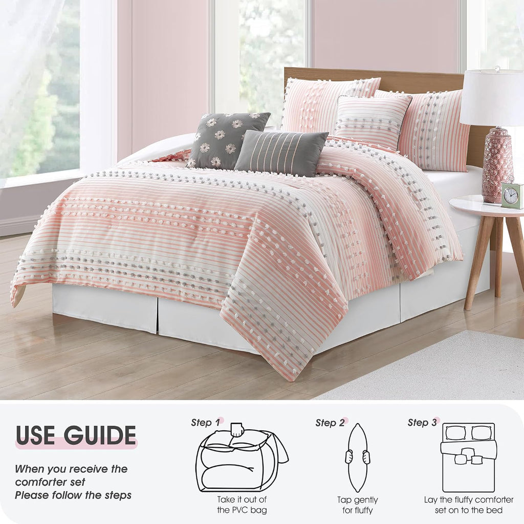 LANCO MODERN LIFESTYLE California King Comforter Set, Pink, Jaquard Clip Striped Design, Elegant Soft 7 Pieces Bedding Set for All Seasons, Matching Bedskirt, Pillow Shams and Decor Pillows