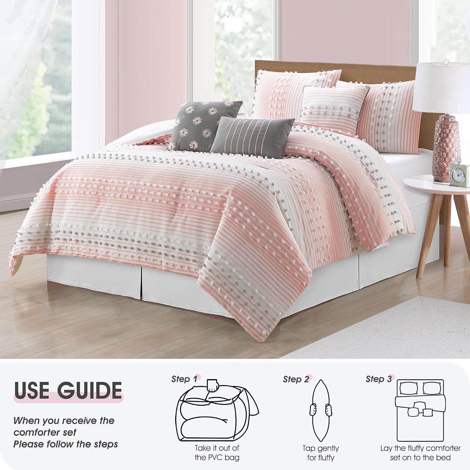 LANCO MODERN LIFESTYLE California King Comforter Set, Pink, Jaquard Clip Striped Design, Elegant Soft 7 Pieces Bedding Set for All Seasons, Matching Bedskirt, Pillow Shams and Decor Pillows