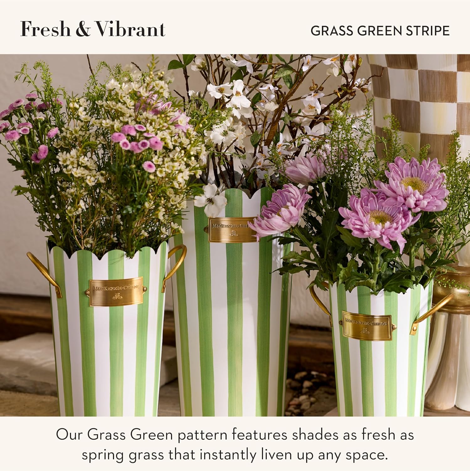 MACKENZIE-CHILDS Set of 3 Galvanized Flower Buckets, Decorative Metal Buckets, Green-and-White Grass Green Stripe