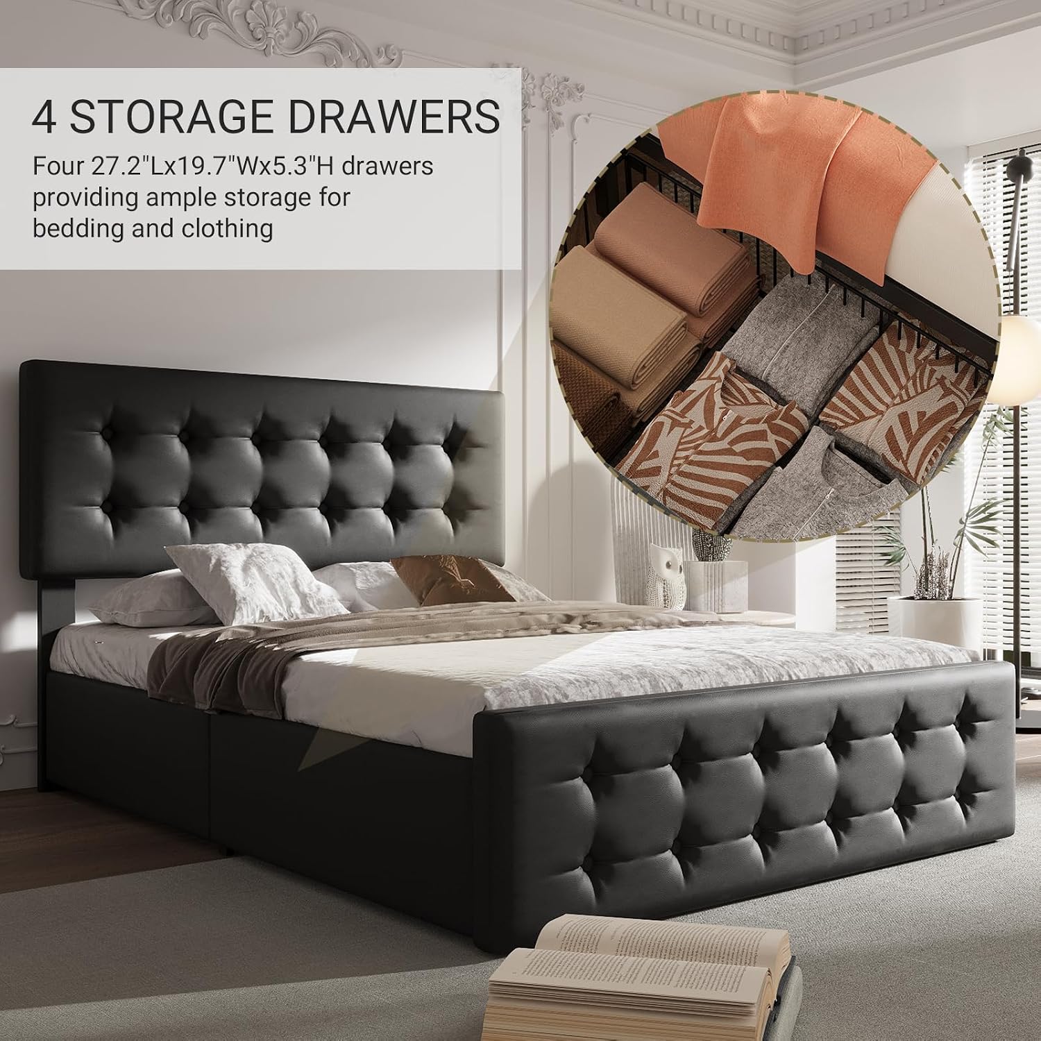 Full Size Platform Bed Frame with 4 Storage Drawers & Headboard, Faux Leather Upholstered, Button Tufted Design, Wooden Slats Support, Noise-Free Mattress Foundation, No Box Spring Needed, Black
